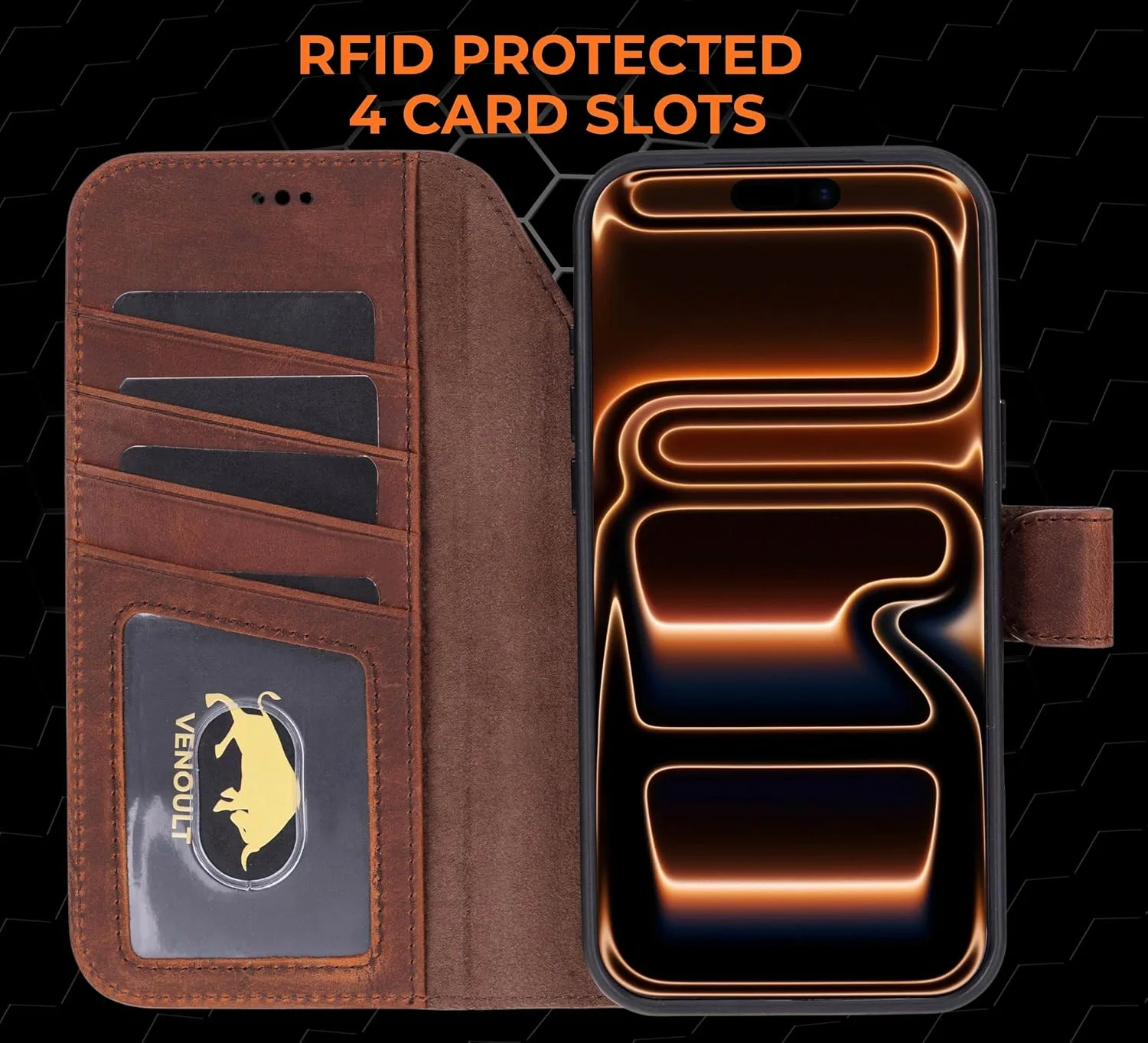 VENOULT Wallet Case for iPhone 17 Pro MAX, Full Grain Genuine Turkish Leather, Magnetic Detachable, RFID 4 Card Slots, Business Style, Compatible with MagSafe, Handmade (Vintage)