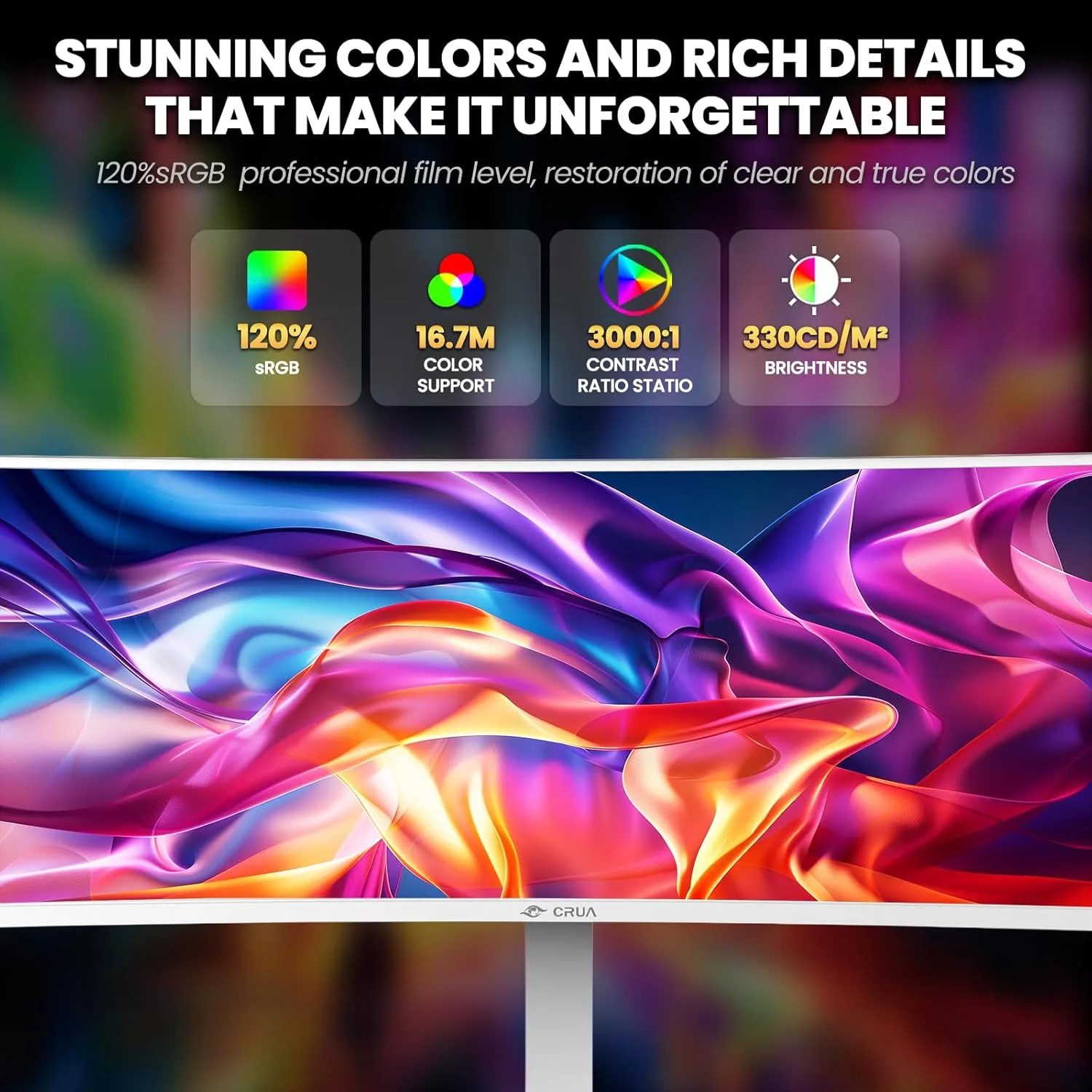 CRUA 49" DQHD 120Hz Ultrawide Curved Gaming Monitor, 1500R, FreeSync, White