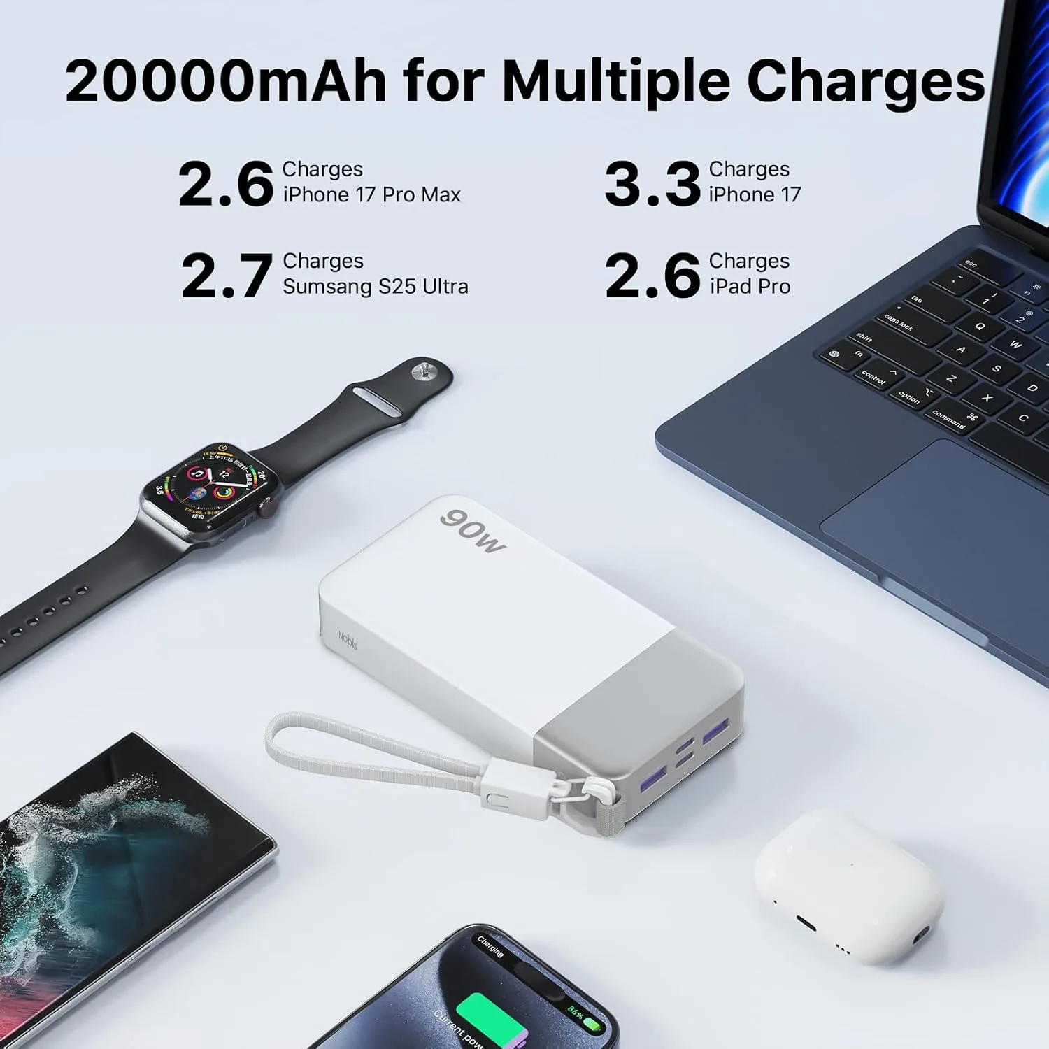 NOBIS Portable Charger 20000mAh 90W Power Bank w/Detachable Cable