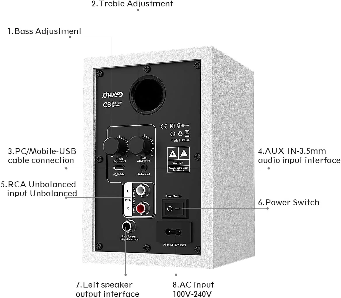 OHAYO 60W Computer Speakers, Bluetooth 5.3, Stereo 2.0, 1 Pair, White