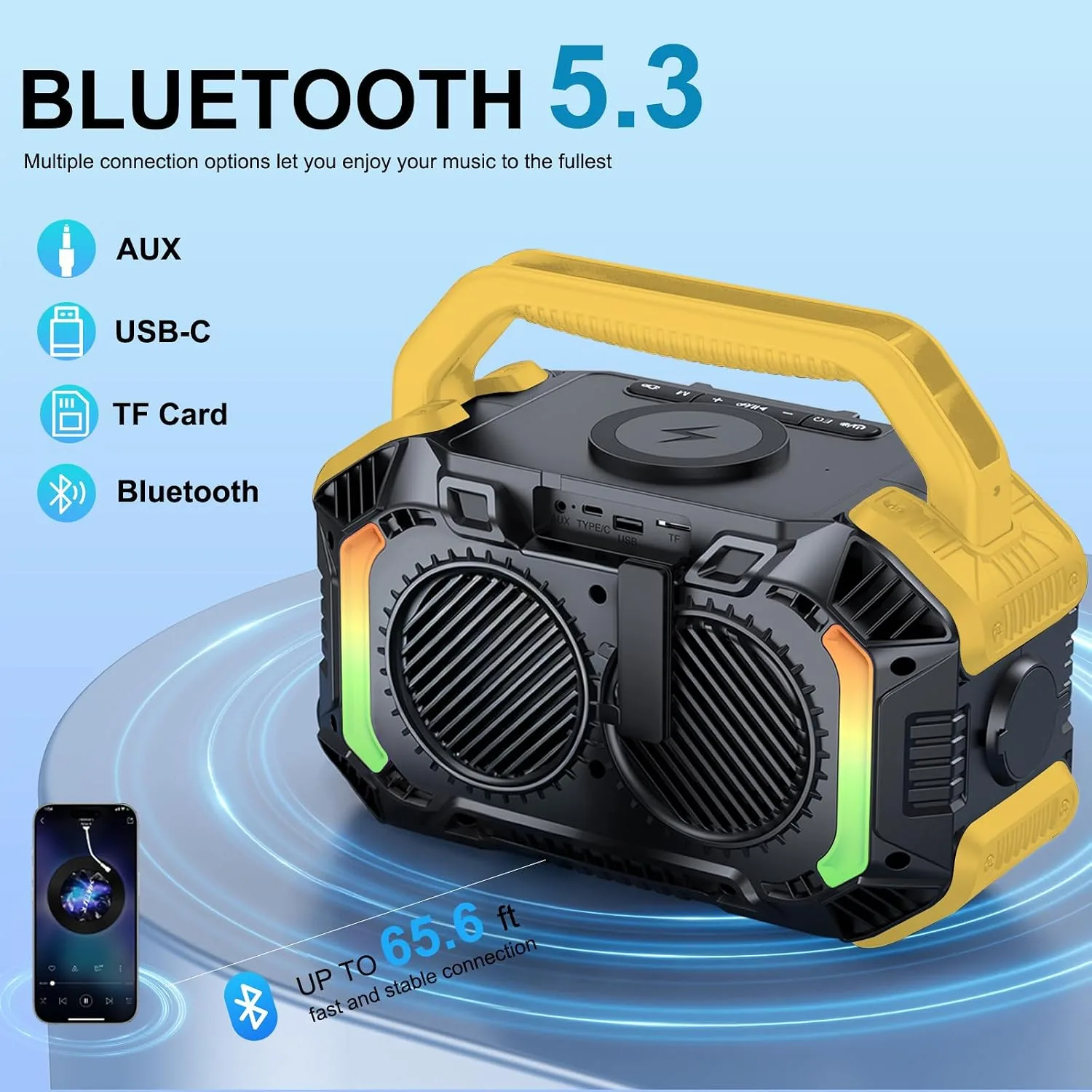 Speakers Bluetooth Wireless, 100W Portable Bluetooth Speaker with Bass, IPX7 Waterproof & Floatable, 20H Playtime, RGB Light, Loud Speakers with TWS for Work, Outdoor, Garage(L-Yellow)
