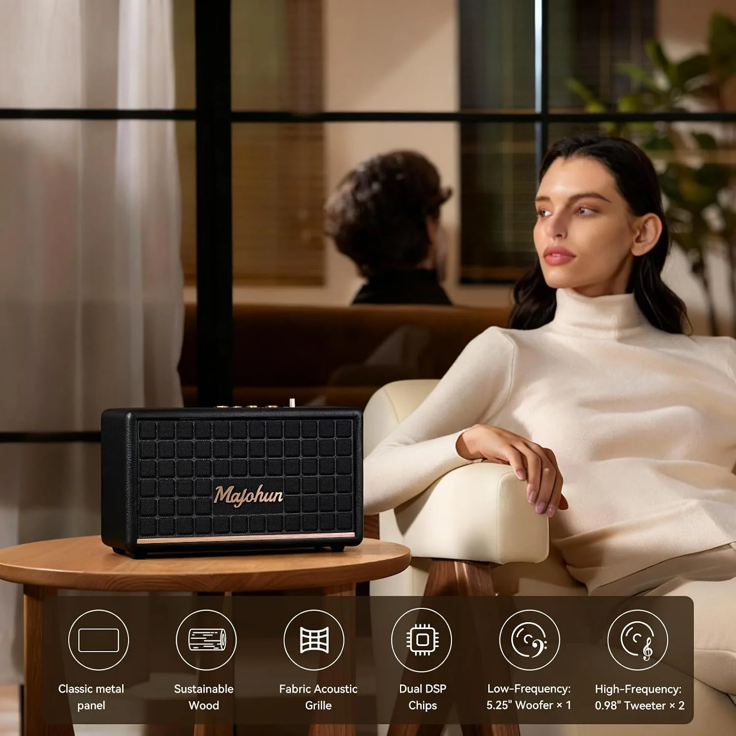 120W Peak Vintage Wood Bluetooth 5.4 Speaker, TWS Stereo,Loud Stereo Sound with Bass and Treble Controls | Plug-in Powered | 3.5mm Aux Input(Black)