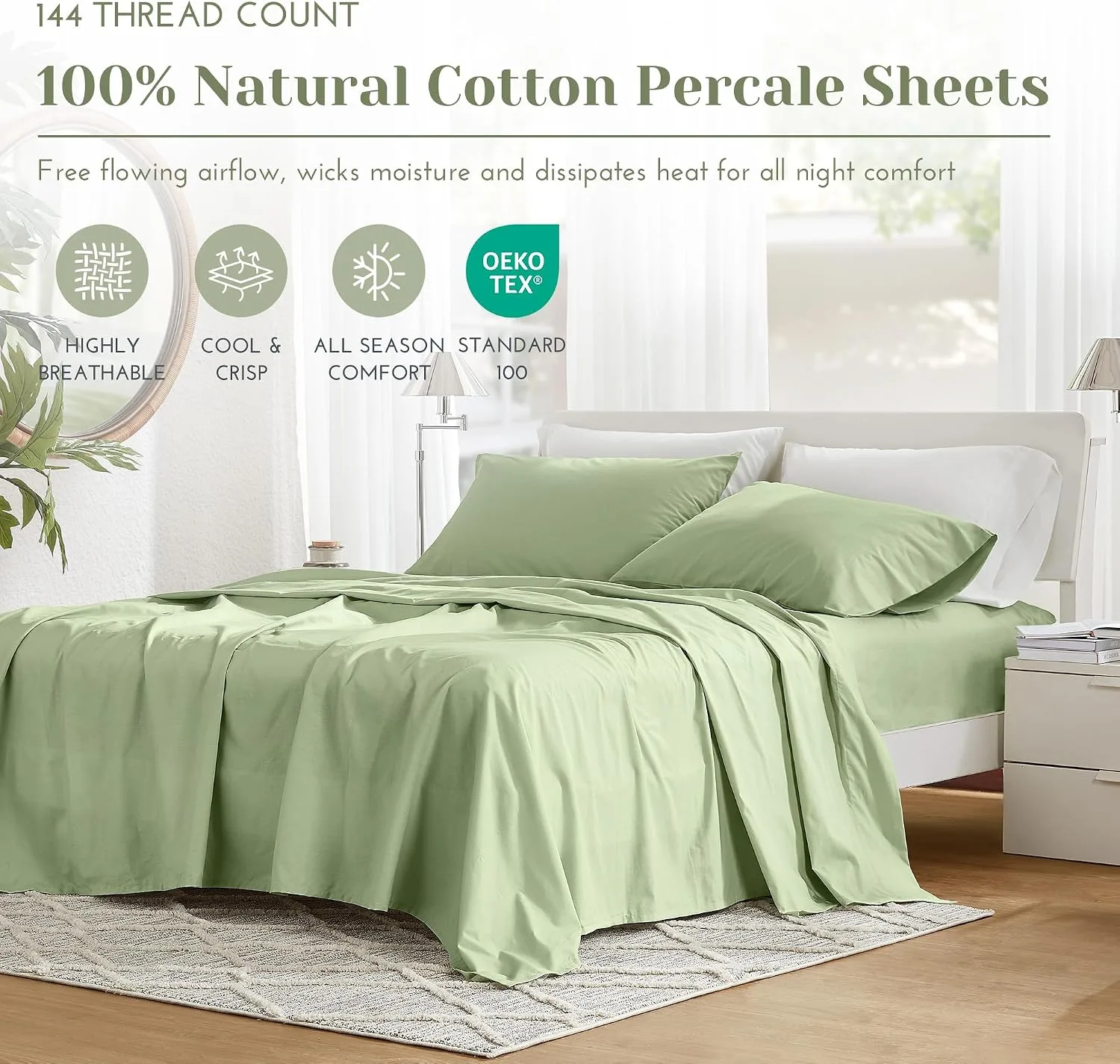 Comfort Spaces 100% Cotton Percale Sheets Queen Sheet Set 4 Pcs, Sage Green