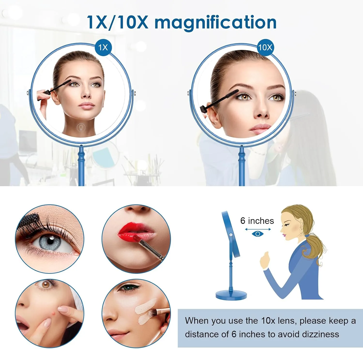 DEIOVWXS Makeup Mirror, Rechargeable Vanity Mirror with 3 Lights, 1X/10X