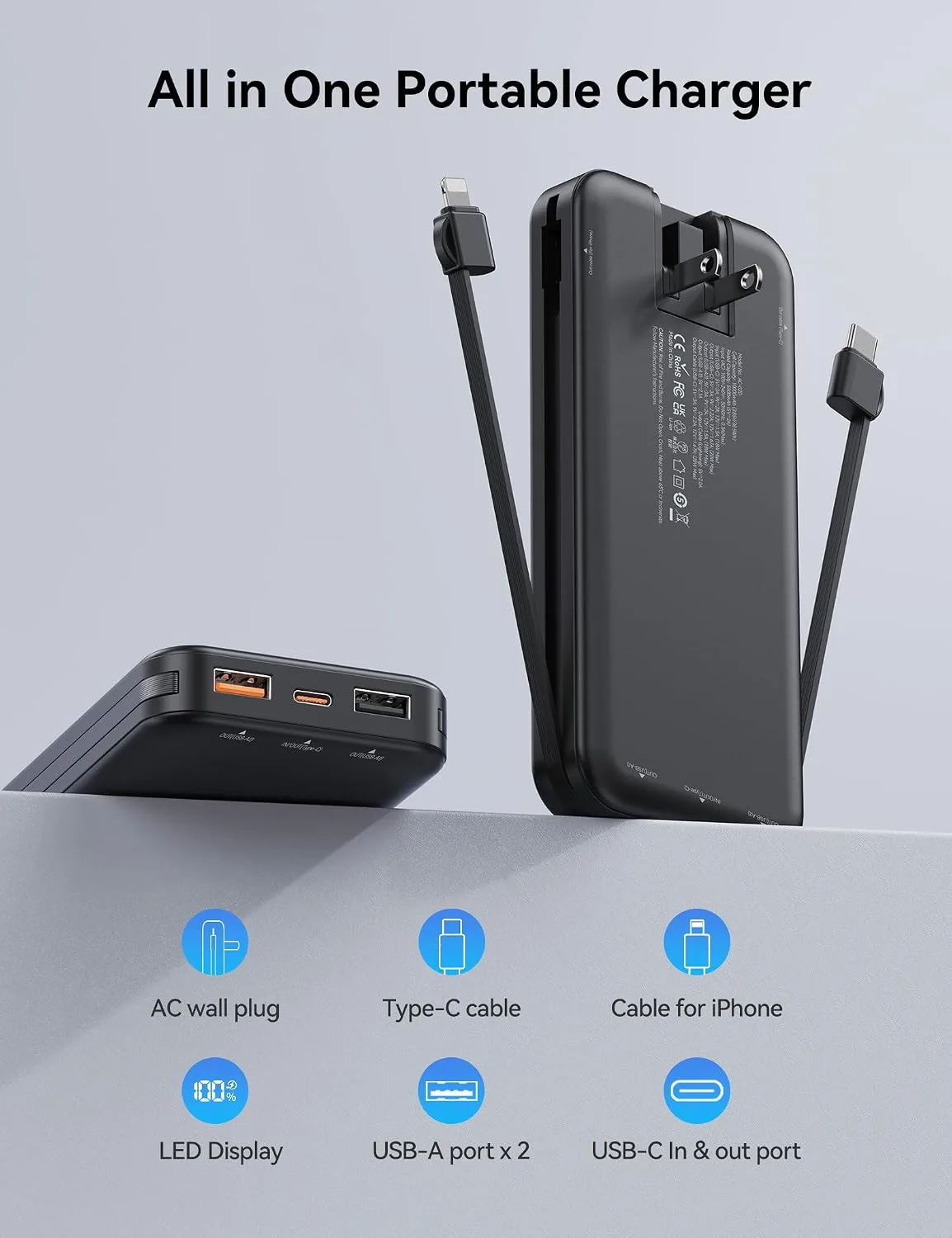 Portable Charger Power Bank 10000mAh with Built in Cables & Wall Plug
