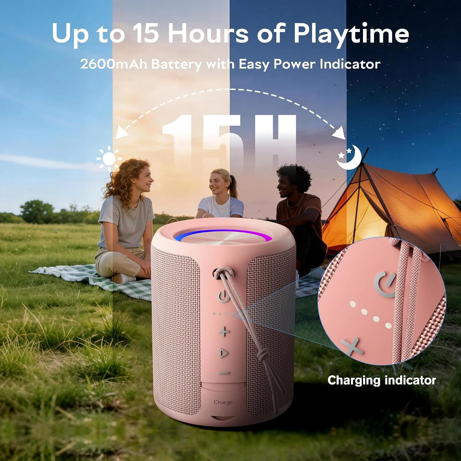 Portable Bluetooth Speaker, IPX7 Waterproof Wireless Speaker with 20W Loud Stereo Sound, 15H Playtime & Beat-Synced RGB Light, Small Outdoor Speaker for Shower, Pool, Beach,Hiking,Gifts(Pink)