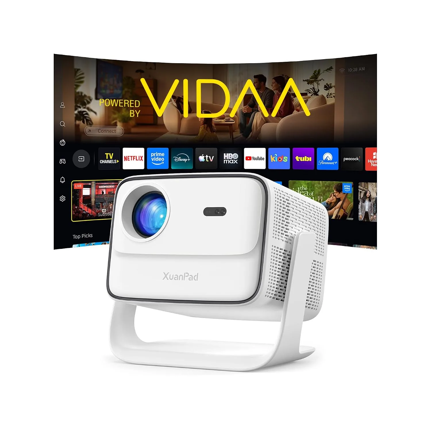 XuanPad [VIDAA Live TV & 6000 ANSI & Now with Netflix] 4K Smart Projector with WiFi and Bluetooth, AI Voice Control, XuanPad White Portable Outdoor Movie Projector 4k, 42W Dolby Audio, Auto Focus & Ke