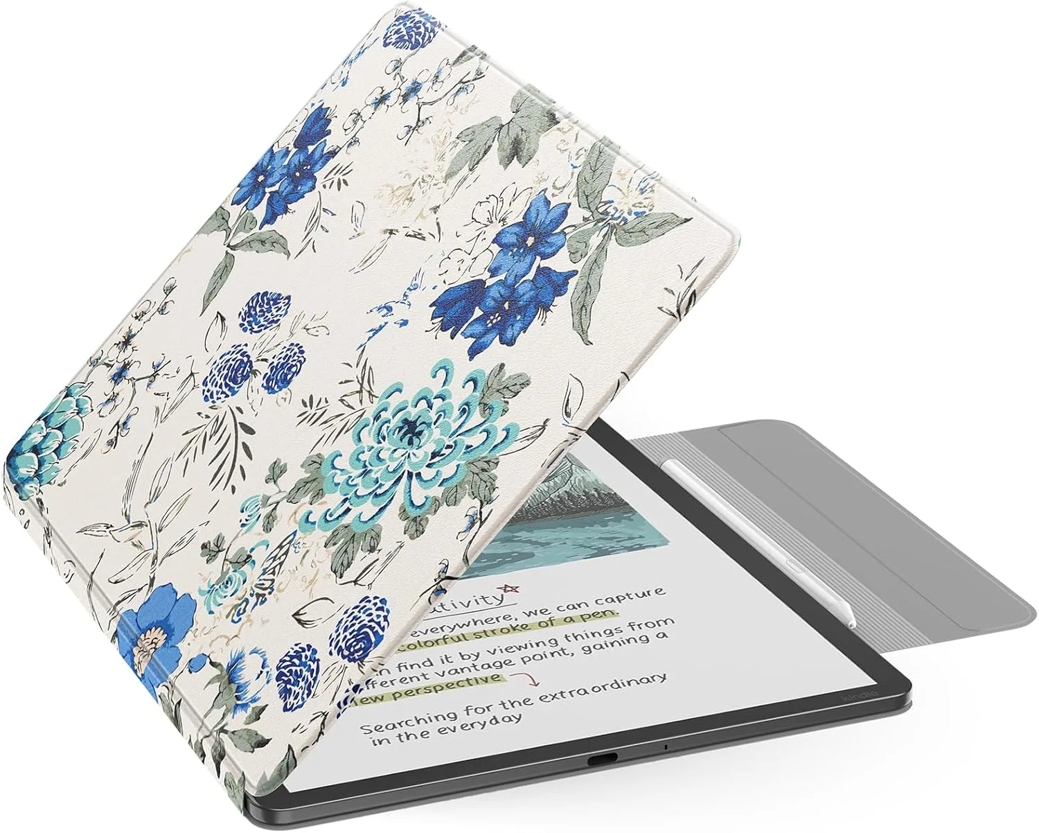 MoKo Case for 11" Kindle Scribe 3rd & Colorsoft 1st, White Blue Floral