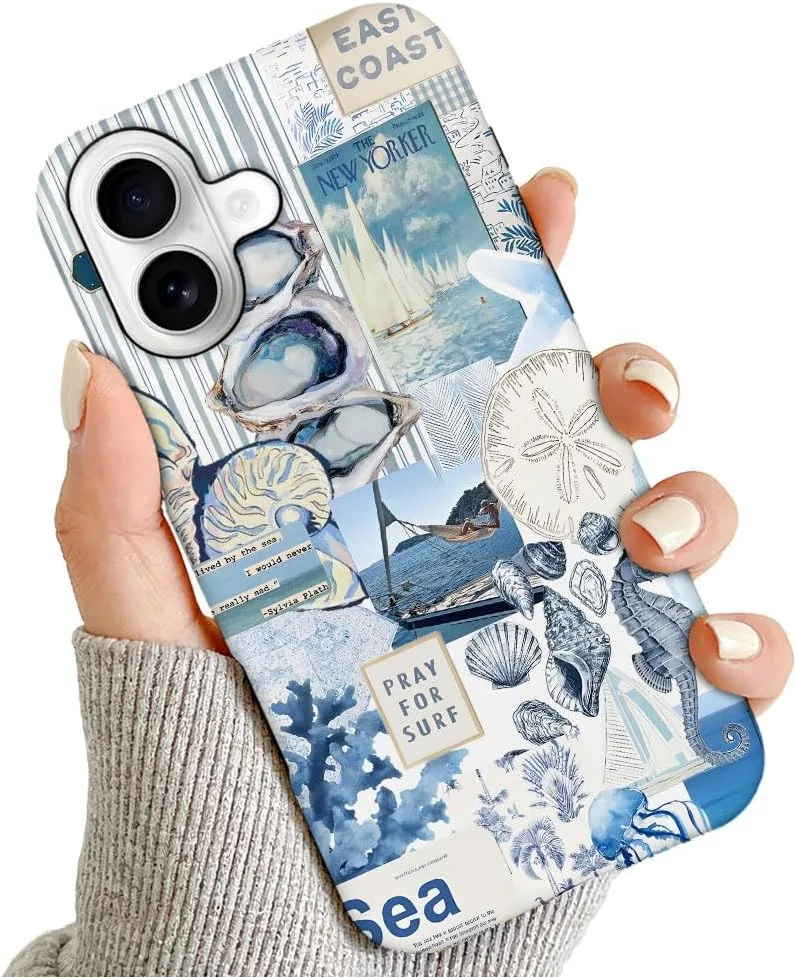 Case Compatible with iPhone 17,Fall Prevention Hybrid 2-Layer Hard Shell Phone Cover for Girls Boys,Seashell Ocean Blue Retro Collage