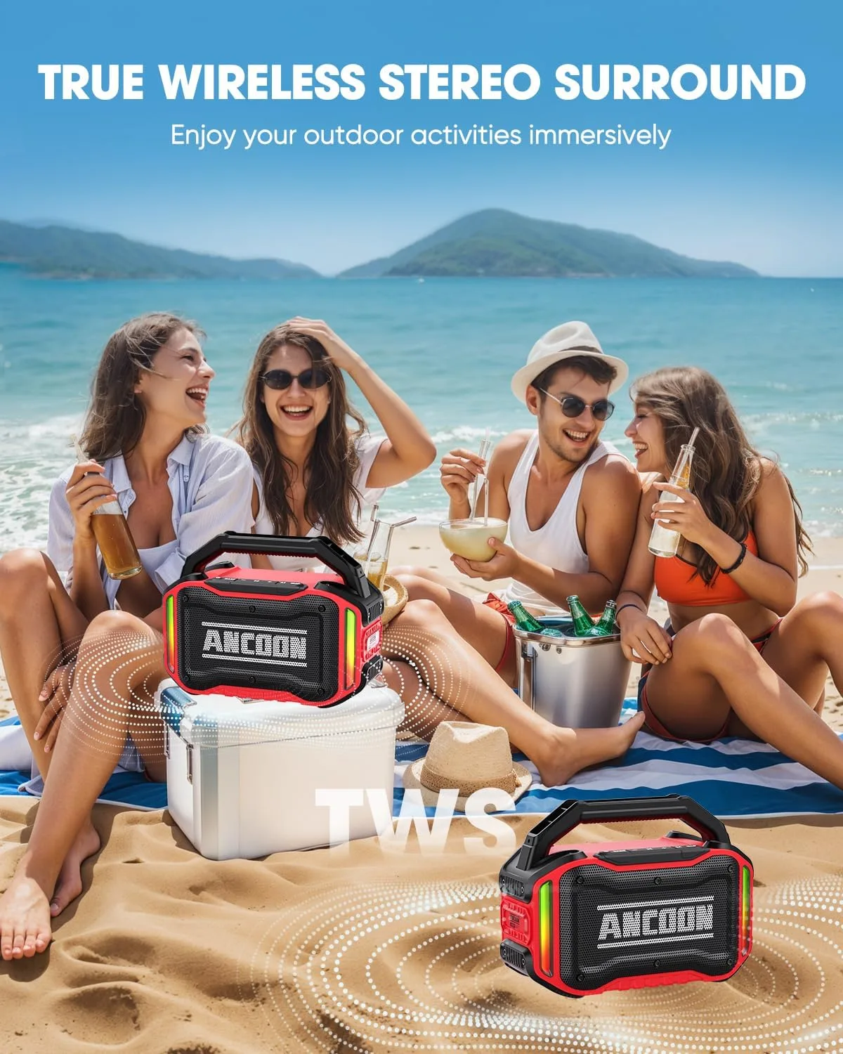 ANCOON Speakers Bluetooth Wireless: 80W(Peak) Loud Speaker with Bass, 20H Playtime, IPX6 Waterproof, Large Jobsite Speakers for Work, Outdoor, Workshop, Garage, Portable Speaker with TWS (Red)