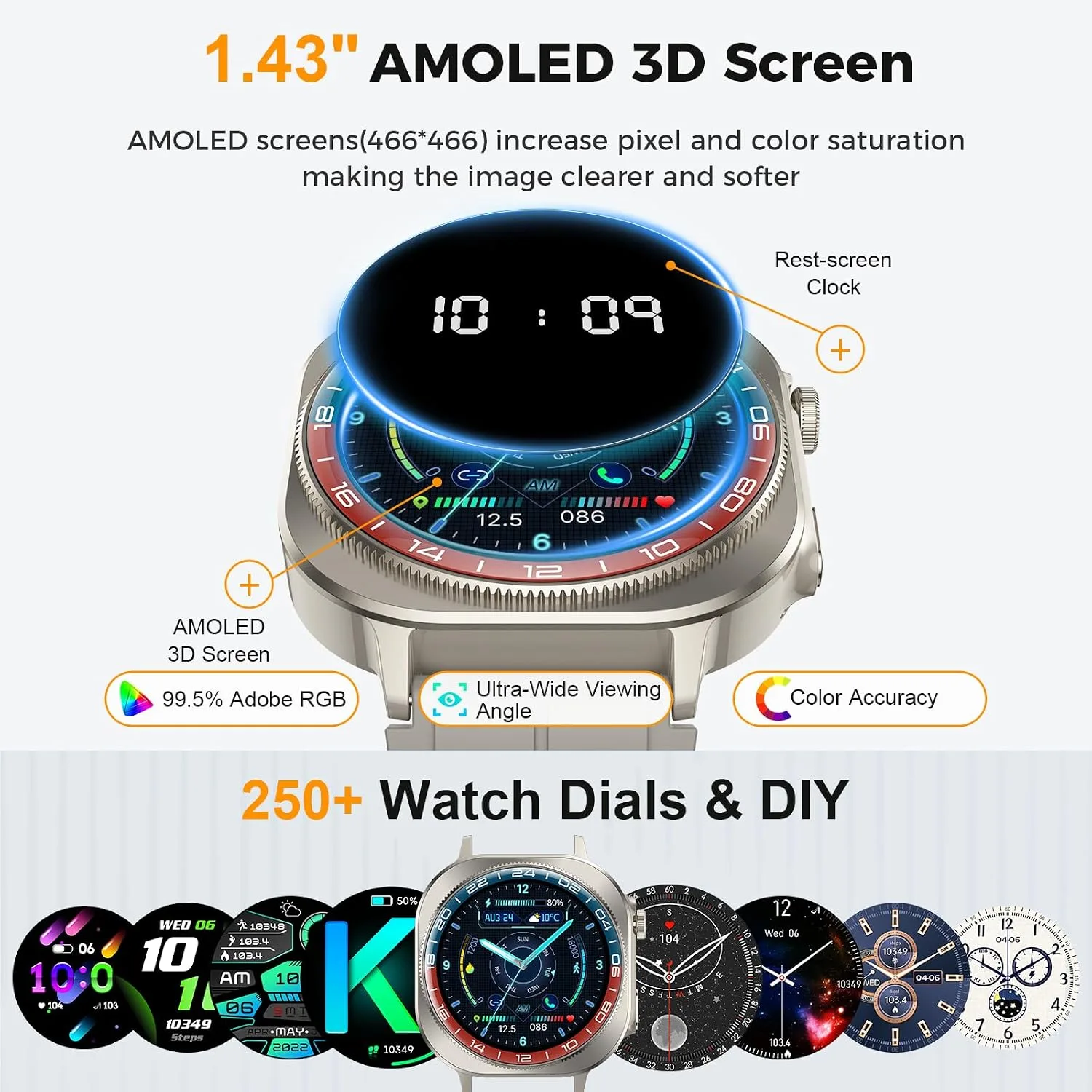Smart Watch, 1.43" Bluetooth 5.4 Call Military Smartwatch for Men Women, 130+ Sports Modes, 60+Days Flashlight, 24/7 Heart Rate/Sleep Monitor, IP68 Waterproof Fitness Watch Tracker for Android iOS