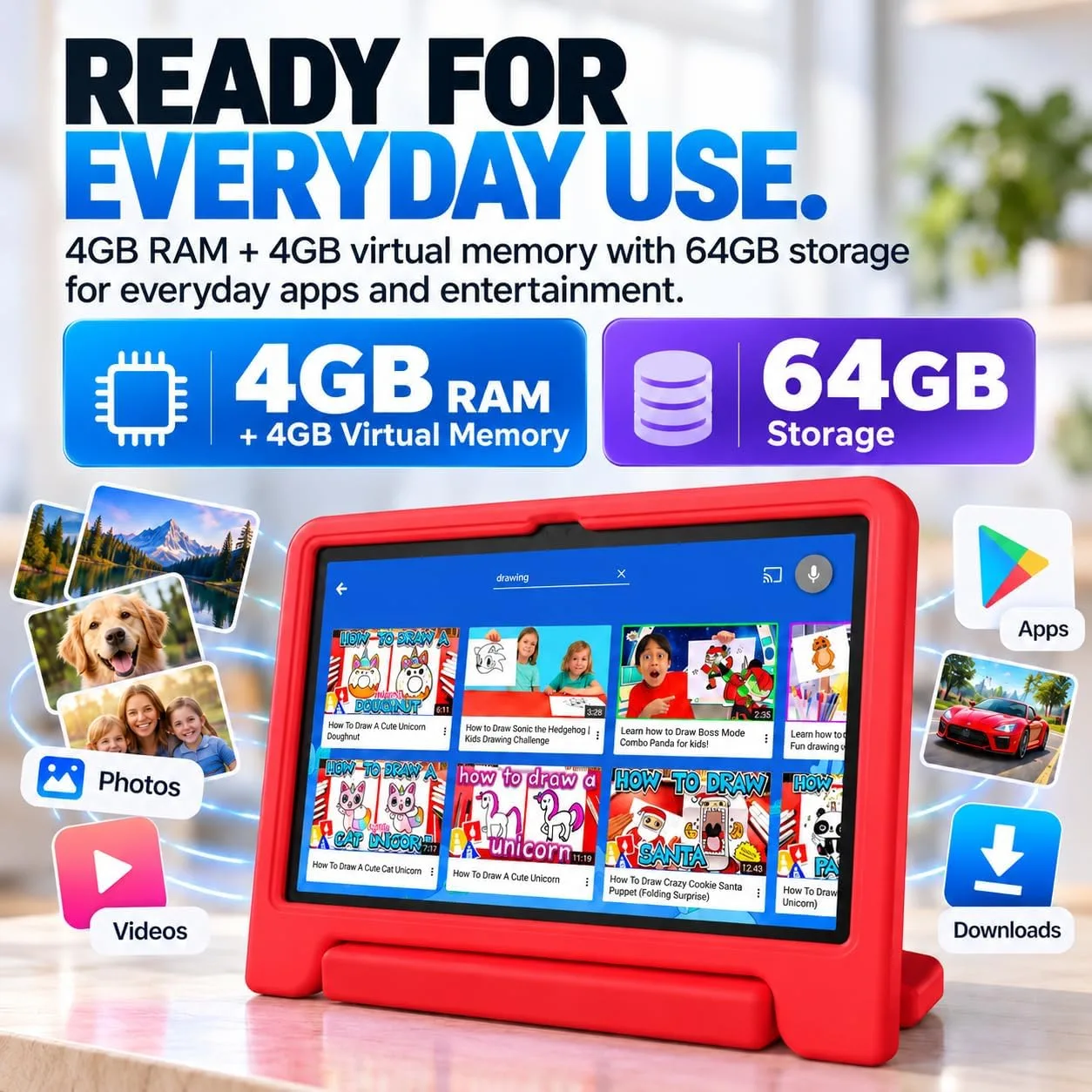 JREN 10.1" Android 15 Tablet with Case, 64GB Storage,Octa-Core Red
