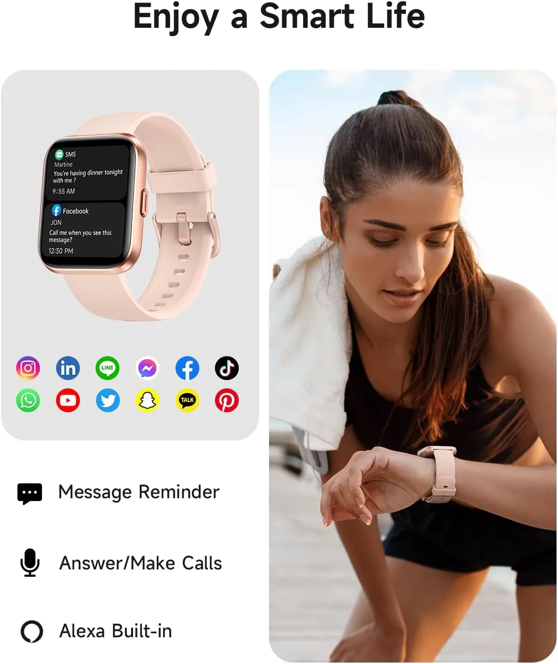 Woneligo Smart Watch for Women, Answer/Make Calls, Alexa Built-in, 1.85" Touch Screen Fitness Tracker for Android & iPhone, Heart Rate/Sleep/SpO2 Monitor Smartwatch, Waterproof (Rose Gold)