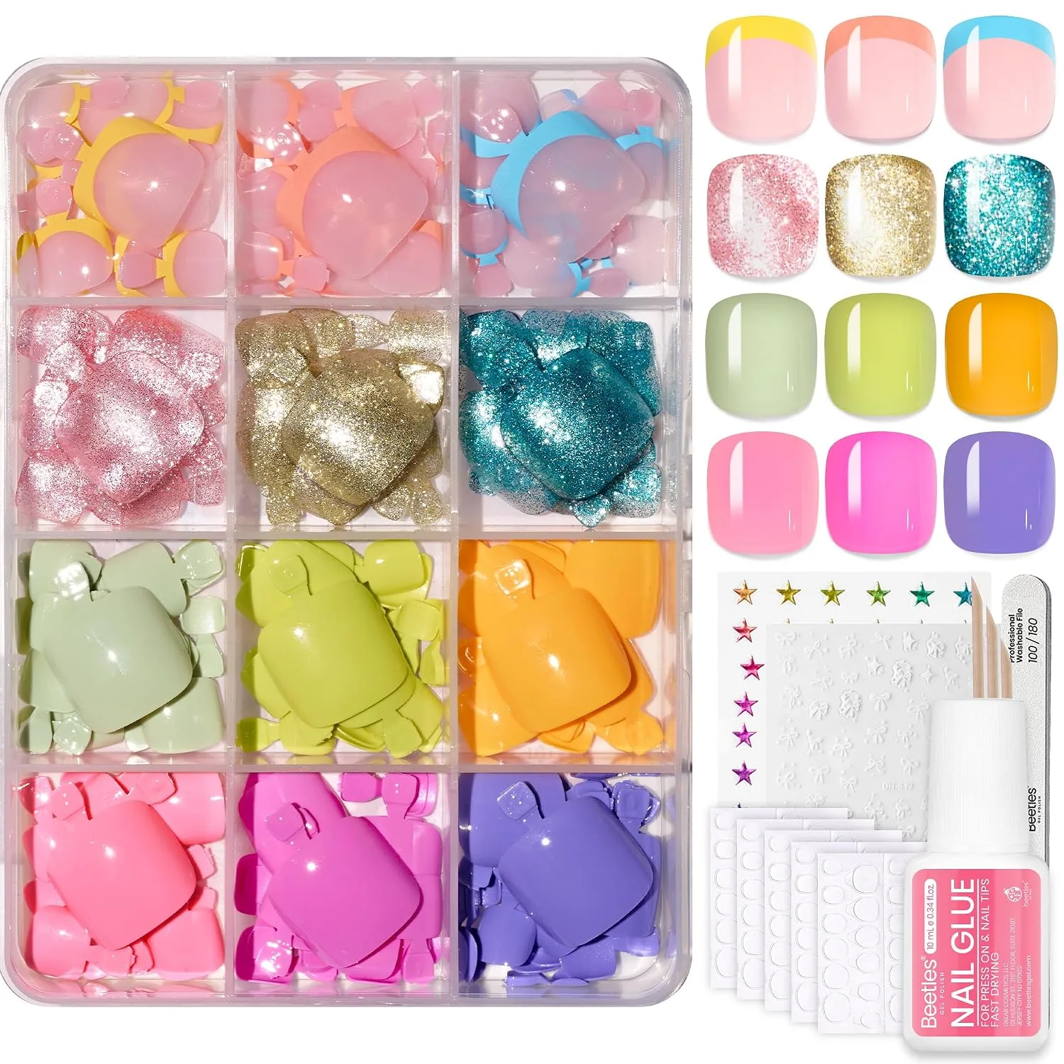 Beetles Press On ToeNails Kit - Glitz Spectrum | 360Pcs 12 Colors Short Square Press On Nails | 15 Sizes French Glossy Glitter with Nail Glue & Nail Tabs Stickers, Fake Nails Kit Art for Women