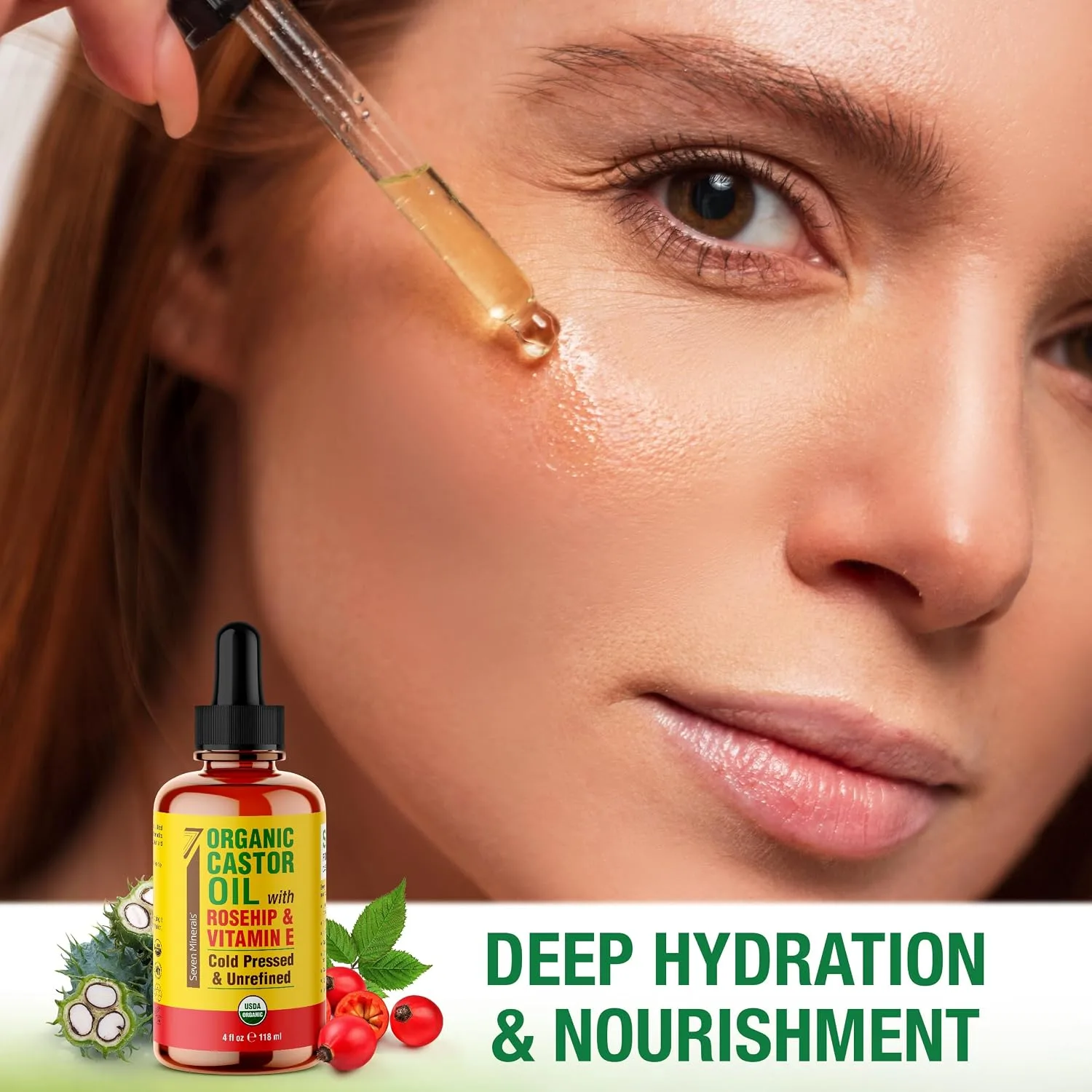Seven Minerals Organic Castor Oil with Rosehip & Vitamin E for Eyelashes, Eyebrows, Face & Hair Growth - Glass Bottle, Cold Pressed & Hexane Free - Hydrates & Boosts Natural Hair Growth - 4 fl oz