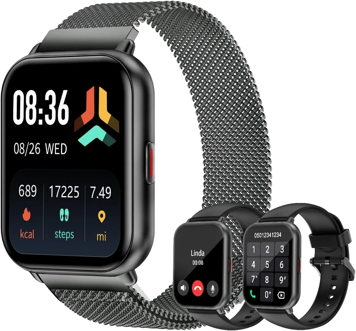 Smart Watch for Men Women with Call Function, Sport & Metal Bands Black