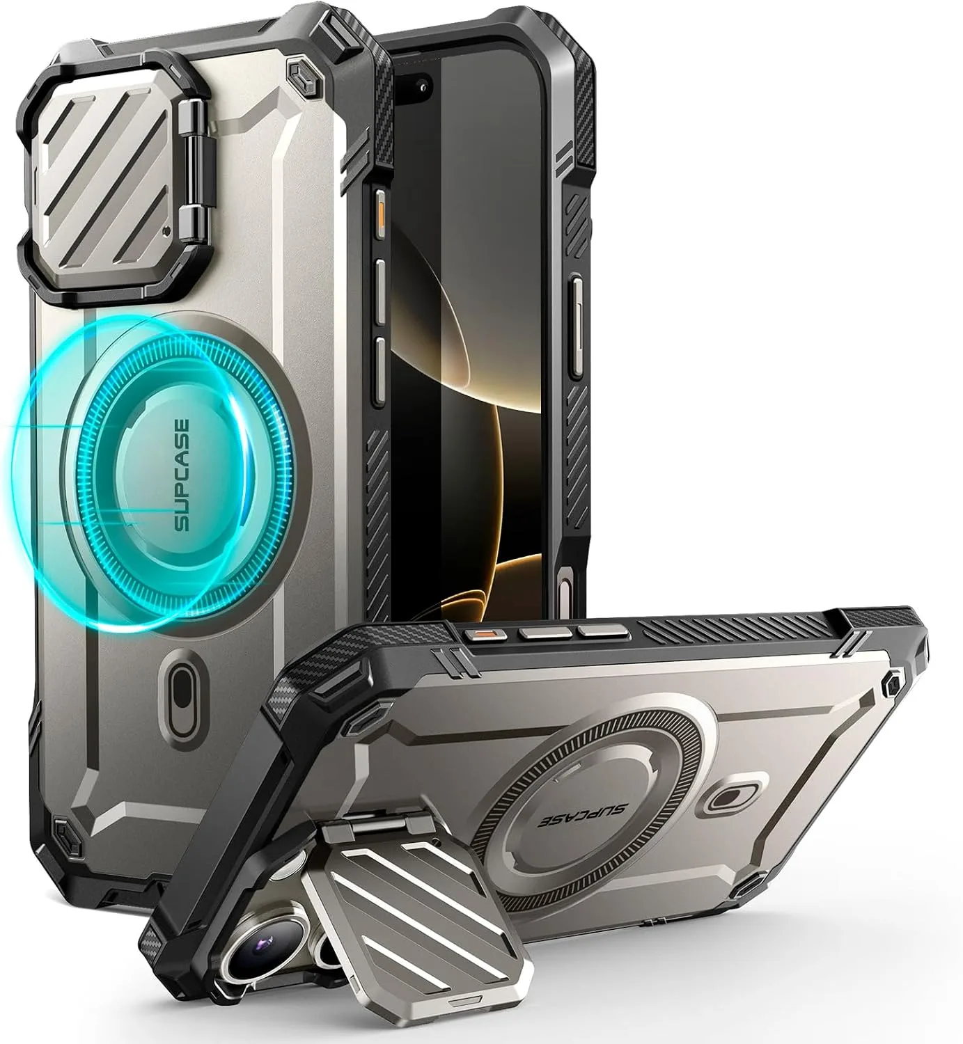 Carcasa Supcase para iPhone 16 Pro Max 6.9 pulg con cubierta para cámara y soporte Gris