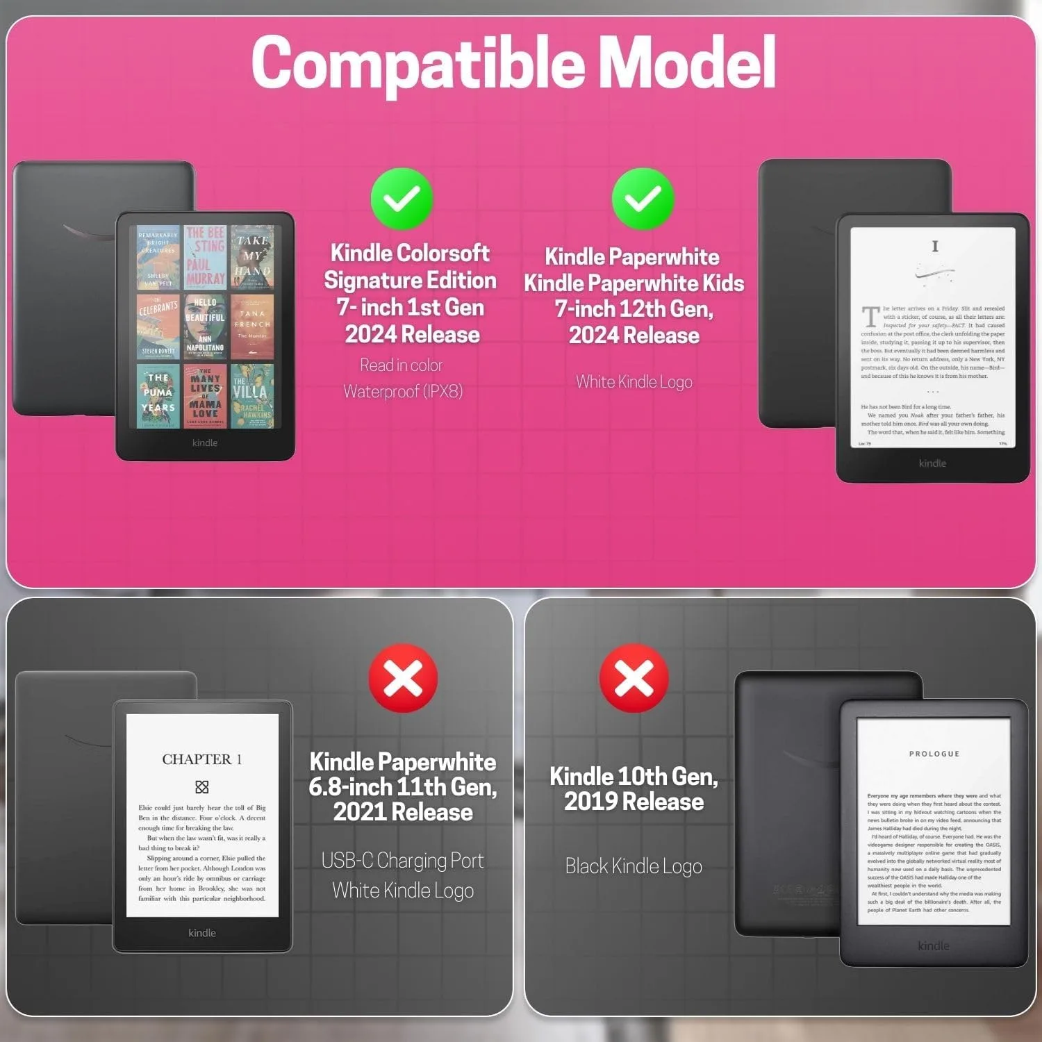 TNP Kindle Paperwhite 12th Gen Case, Colorsoft 7-Inch Cover, Hot Pink