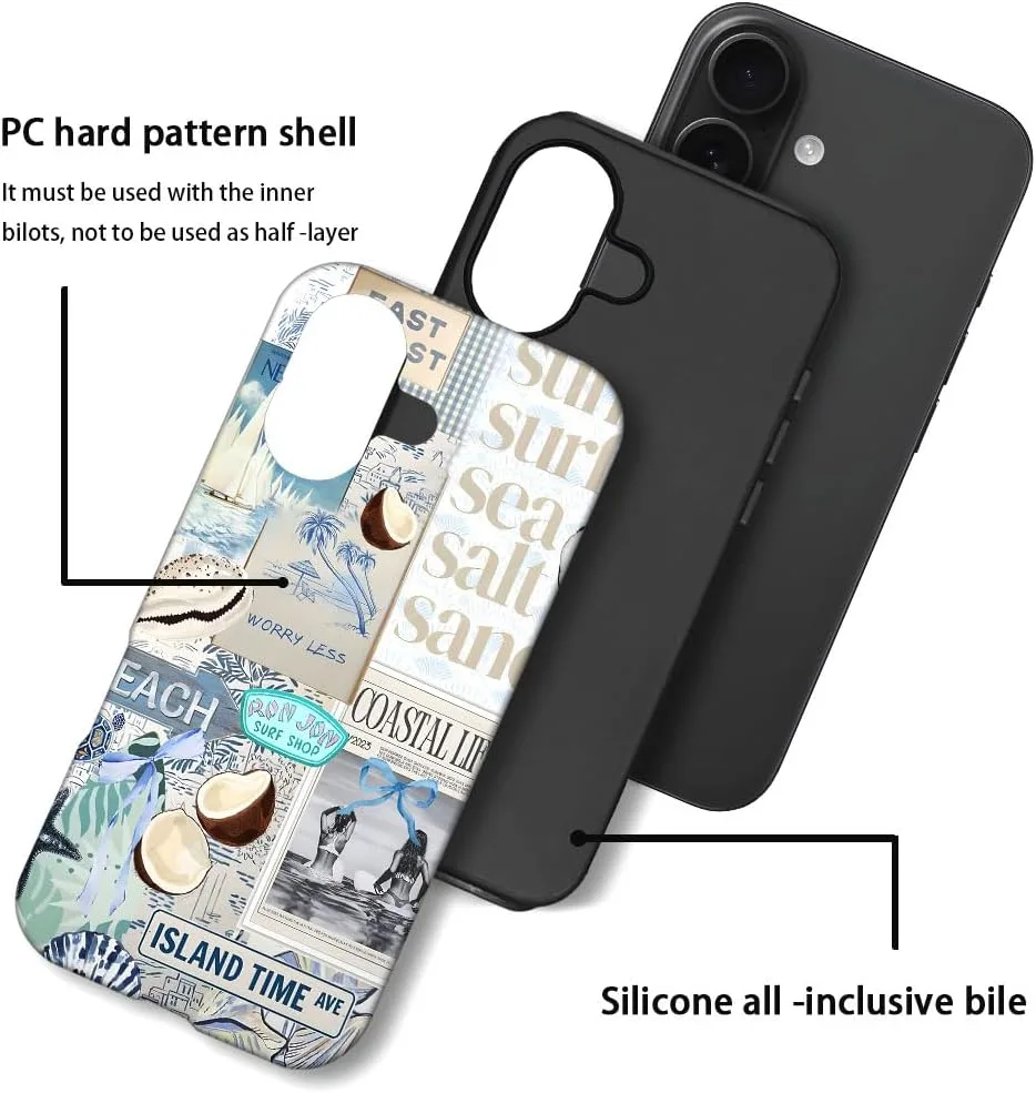 Case Compatible with iPhone 17,Fall Prevention Hybrid 2-Layer Hard Shell Phone Cover for Girls Boys,Beach Coast Collage