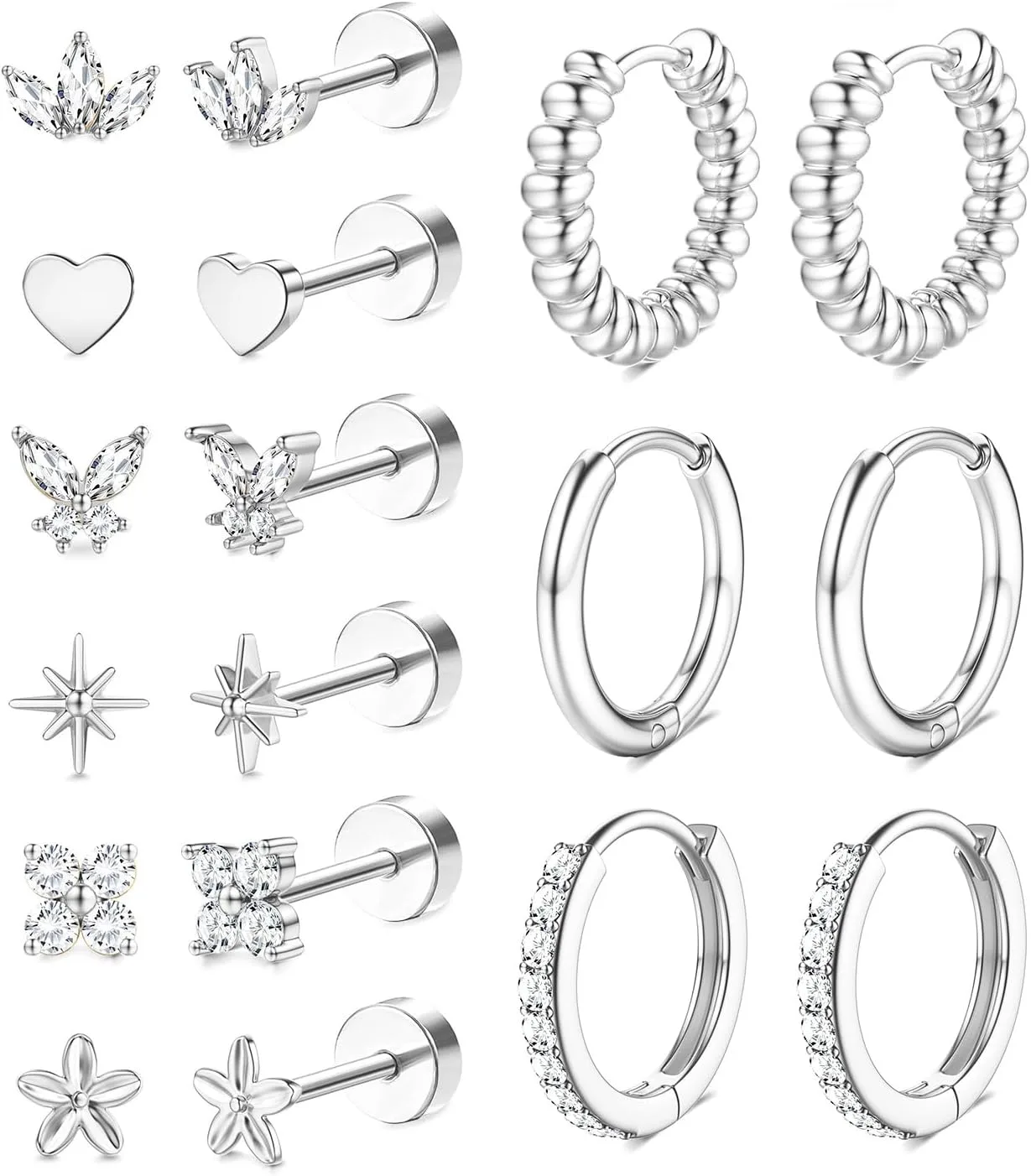 Dochais 14K Gold Plated Surgical Steel Earrings 9 Pairs Flat Back Earrings Small Cartilage Hoop Earring for Women Trendy Hypoallergenic Flatback Stud Stacks for Multiple Piercing Lightweight Jewelry