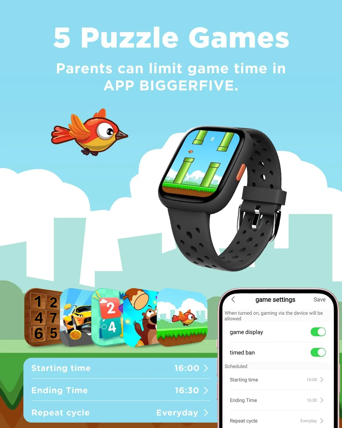 BIGGERFIVE Kids Smart Watch No Phone Needed, 1.8" Fitness Tracker Watch
