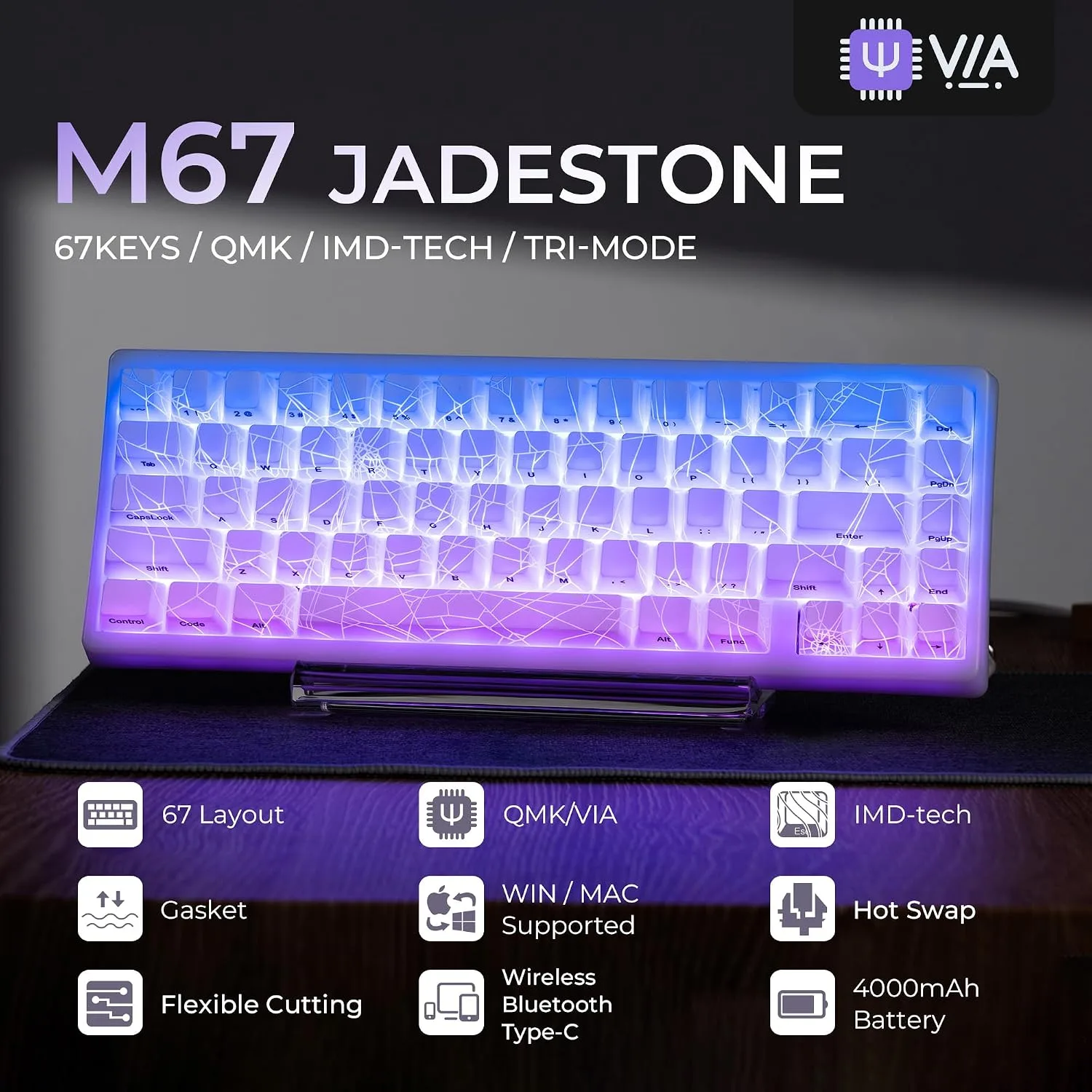HITIME x XVX M67 Wireless 60% Percent Keyboard, QMK/VIA Gaming Keyboard, Tri-Mode Thocky Creamy Mechanical Key Board, Hot Swappable Gasket Mount RGB IMD Tech for Win/Mac, Spider Web Theme, White