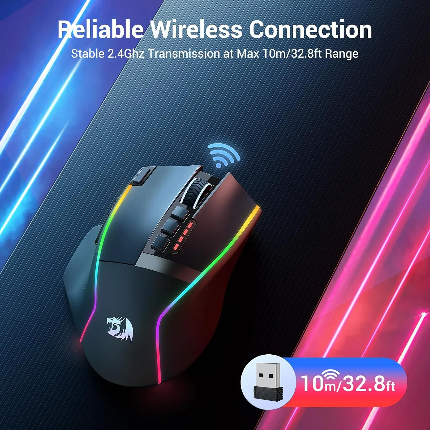 Redragon Wireless Gaming Mouse, Ergonomic Mouse 16000 DPI with Rapid Fire Key, 9 Macro Buttons, 170-Hour Durable Power Capacity and RGB Backlight Wired/Wireless Mouse for Laptop/Mac/PC