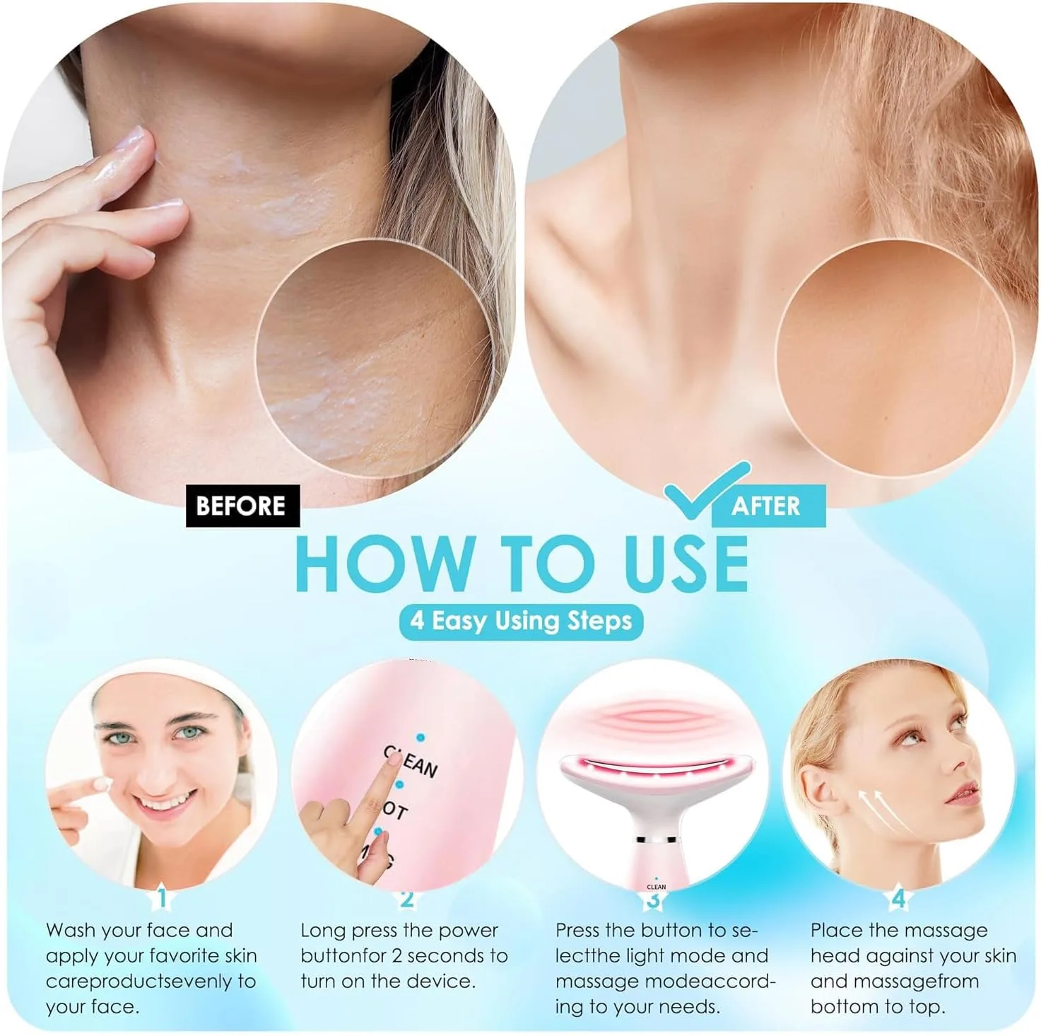 Face Massager -7 Color Red-Light-Therapy for Face and Neck for Wrinkles, Double Chin, Vibrating Facial Massage (Pink)