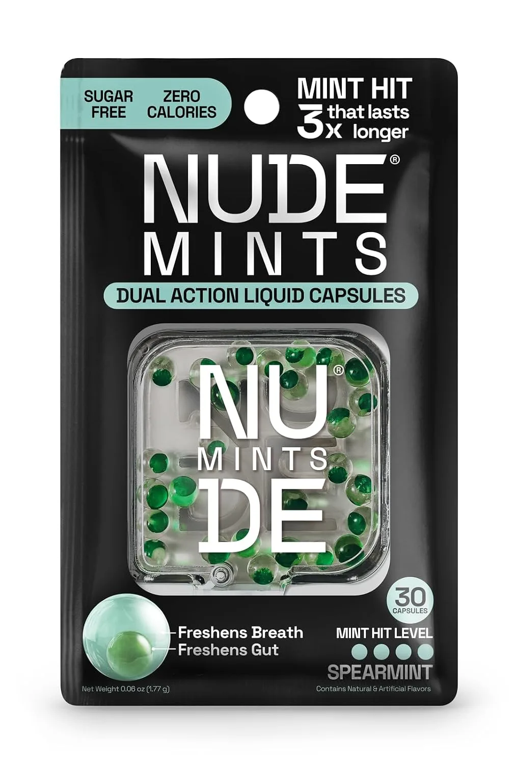 NUDE MINTS | Dual Action Liquid Capsules | Mouth Watering Mint - Lasts 3X Longer - 3X Stronger - Extreme Bad Breath Treatment For Adults - Sugar Free, 0 Calorie - Spearmint - 5 Pack - 150 Capsules