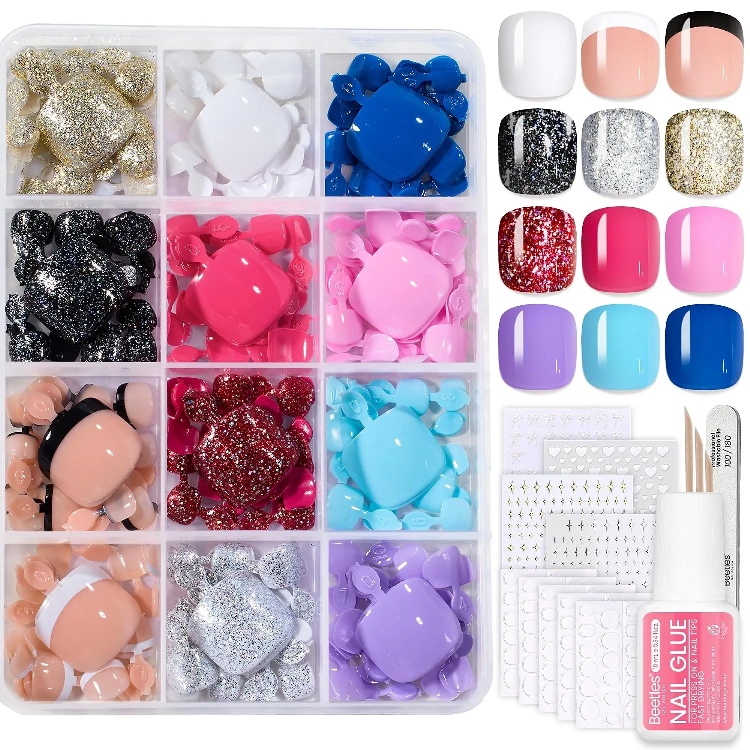 Beetles Press On Toe Nails Kit- 288 Pcs 12 Colors, Short Squoval Toenails