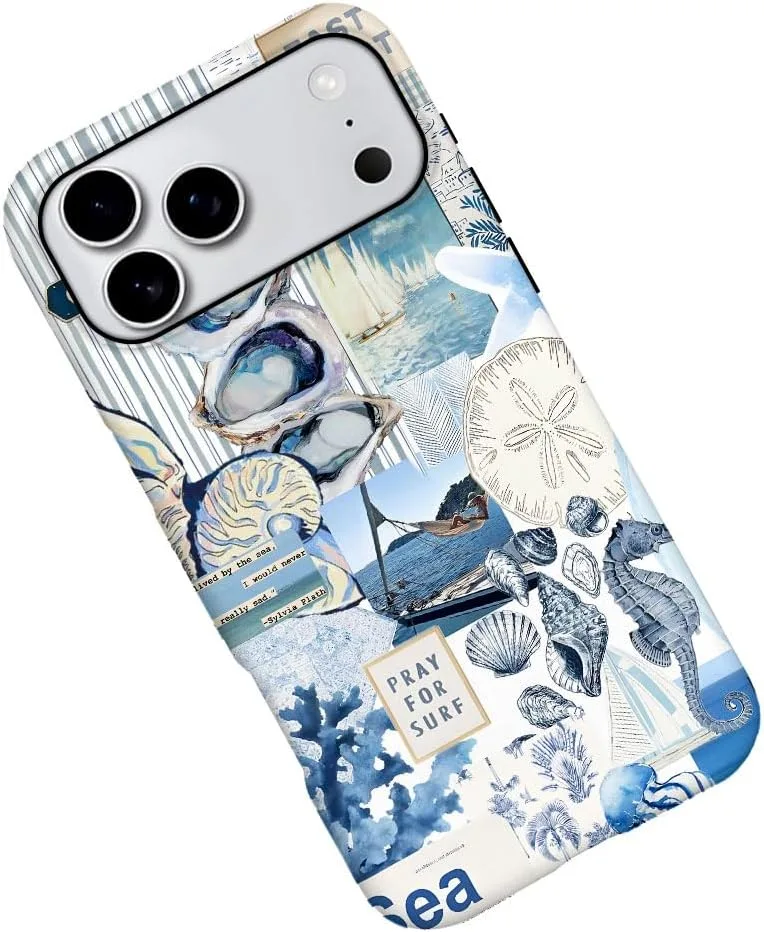 Case Compatible with iPhone 18 Pro Max/iPhone 17 Pro Max,Fall Prevention Hybrid 2-Layer Hard Shell Phone Cover for Girls Boys,Seashell Ocean Blue Retro Collage