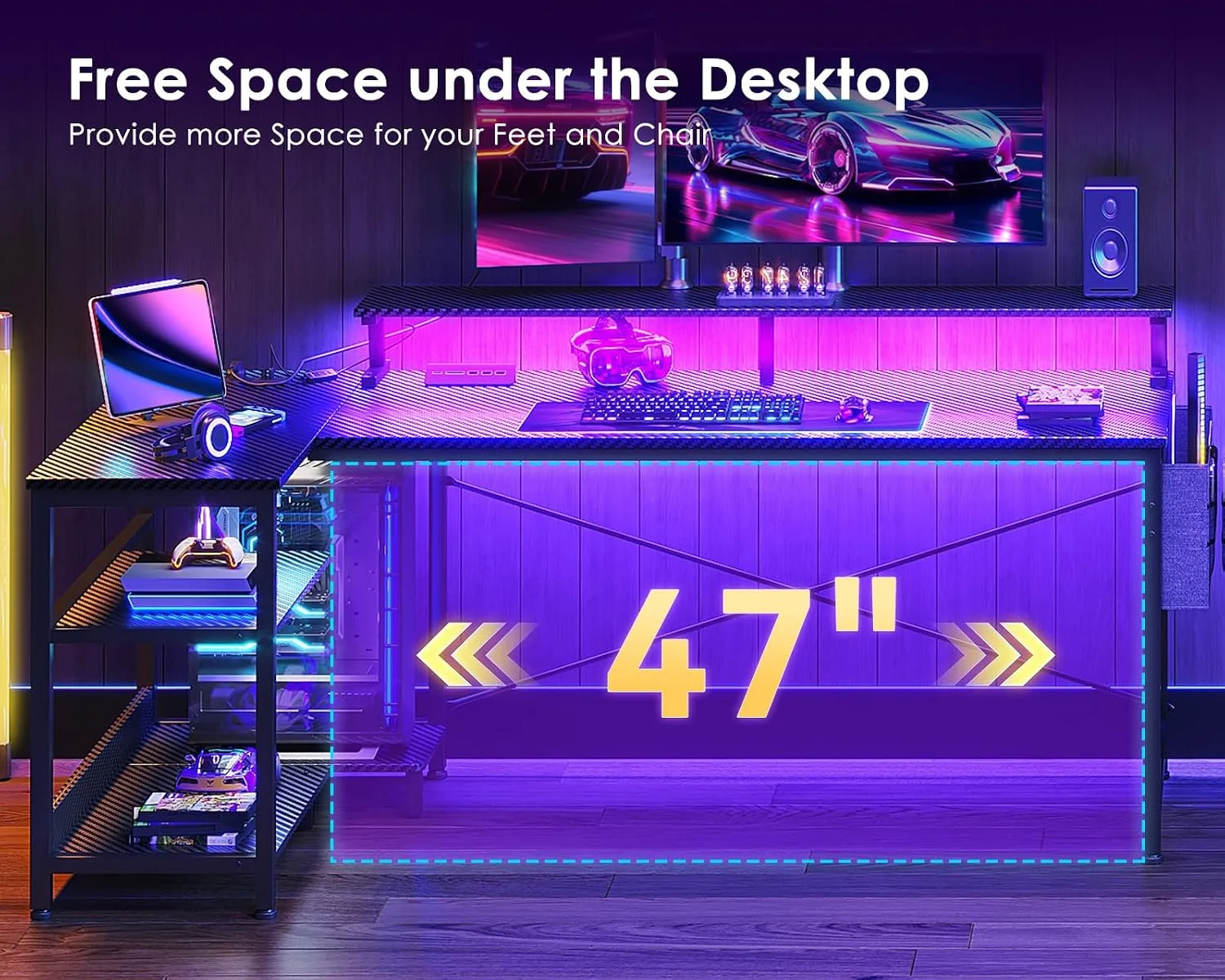 ODK 58 Inch L Shaped Gaming Desk with LED Lights, Power Outlets, Black