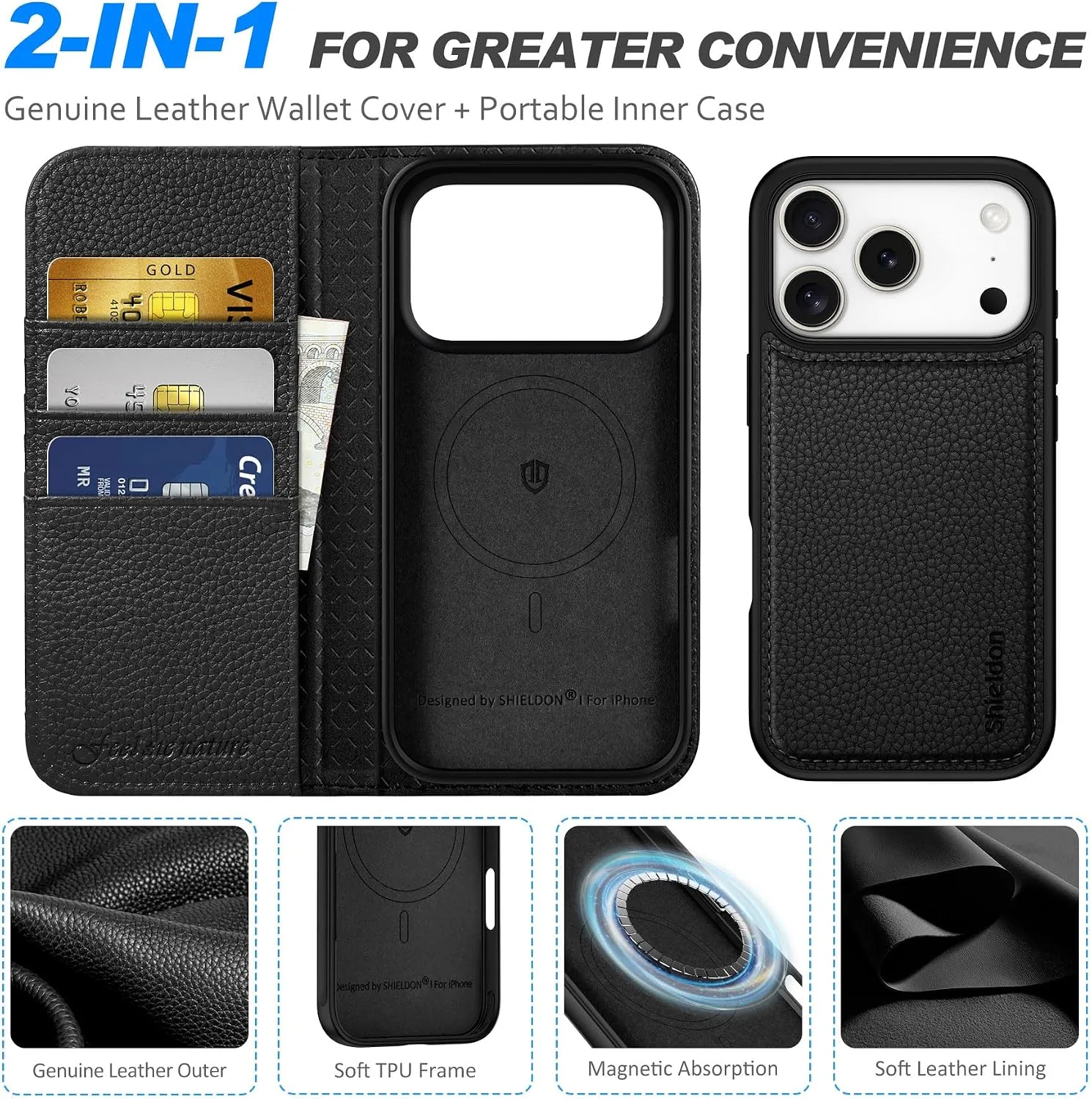 SHIELDON 2 in 1 Leather Case Wallet for iPhone 18 Pro/17 Pro, Pebbled Black