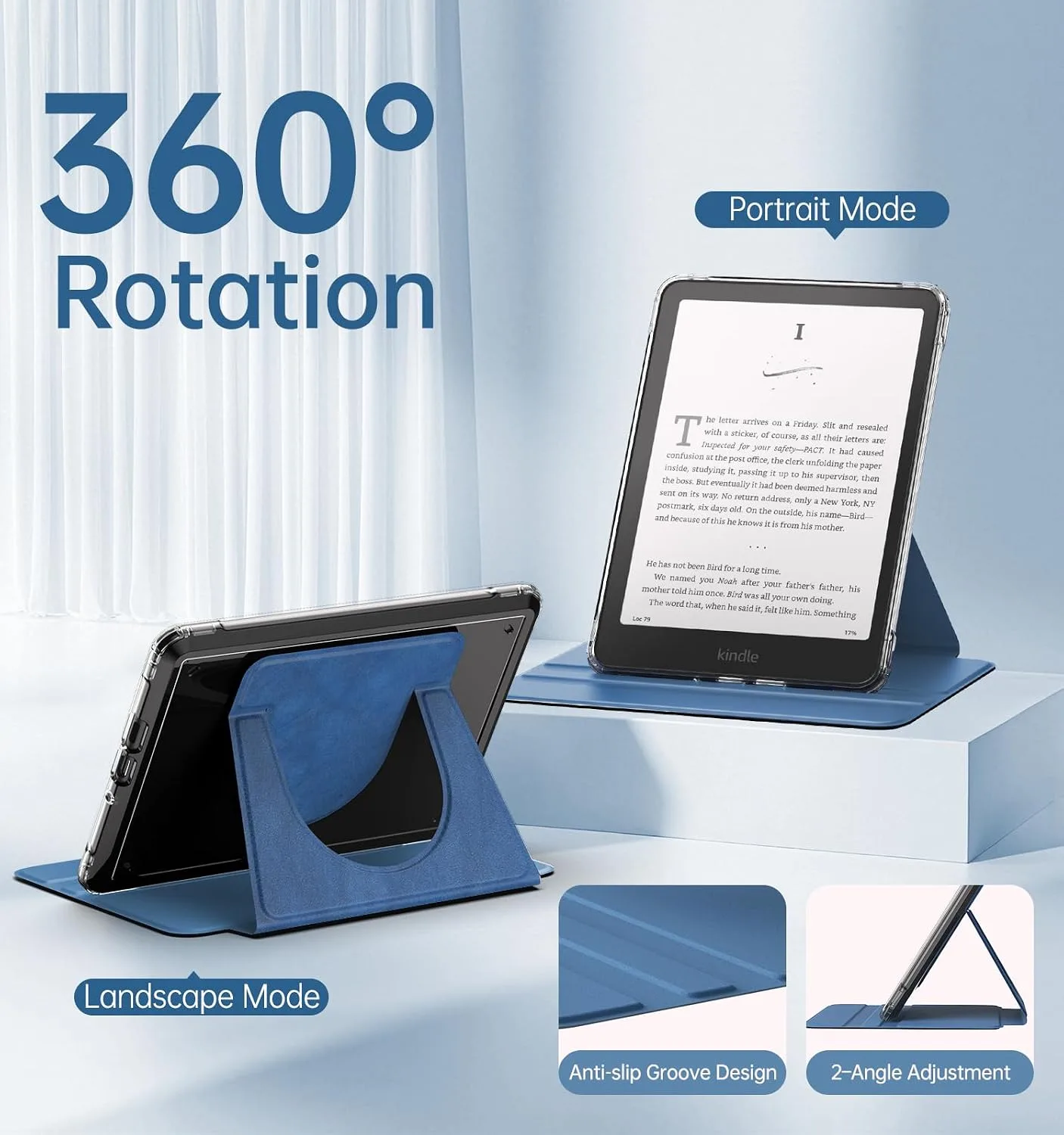 MoKo 360°Rotating Detachable Case for 7" eBook Reader,Blue Vintage Twill