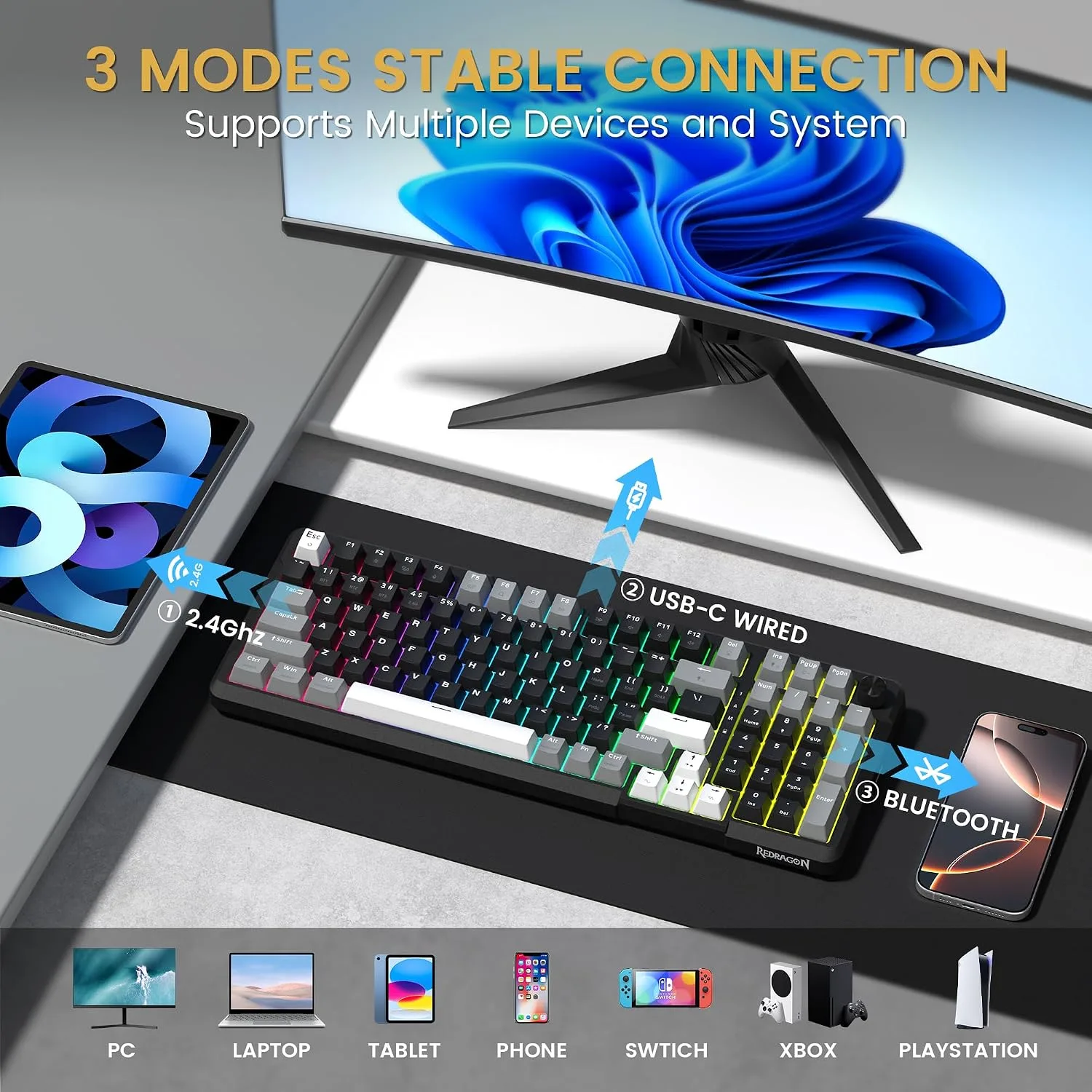 Redragon K742 Wireless Mechanical Gaming Keyboard with Knob for PC Computer