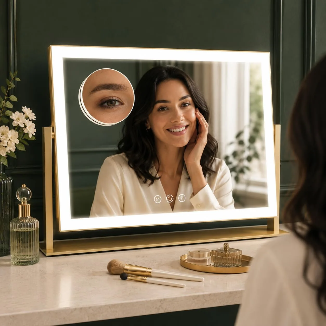 FENNIO Vanity Mirror with Lights 13'' x 17'' Makeup Mirror with Lights,Vanity Mirror Touch Screen with 3-Color Lighting,Dimmable,for Vanity Desk Bedroom Gold