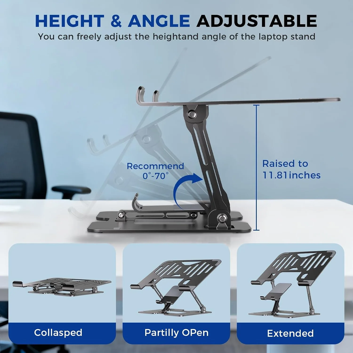 Ergonomic 2-in-1 Laptop Phone Stand for Desk, Adjustable Riser, Sturdy and Portable, Fits All Laptops and Phone（Black）
