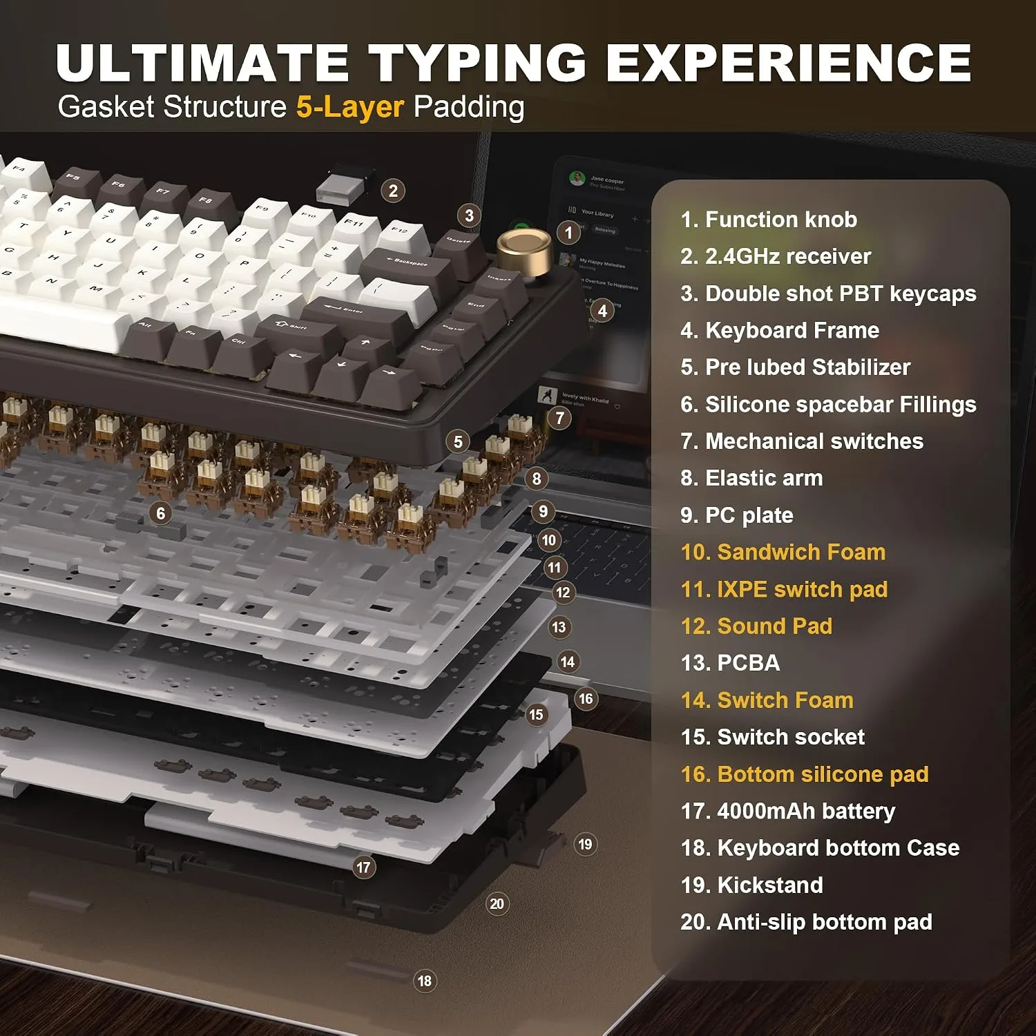 YUNZII B75 PRO 75% Wireless Mechanical Keyboard (Coffee Brown, Cocoa V2)
