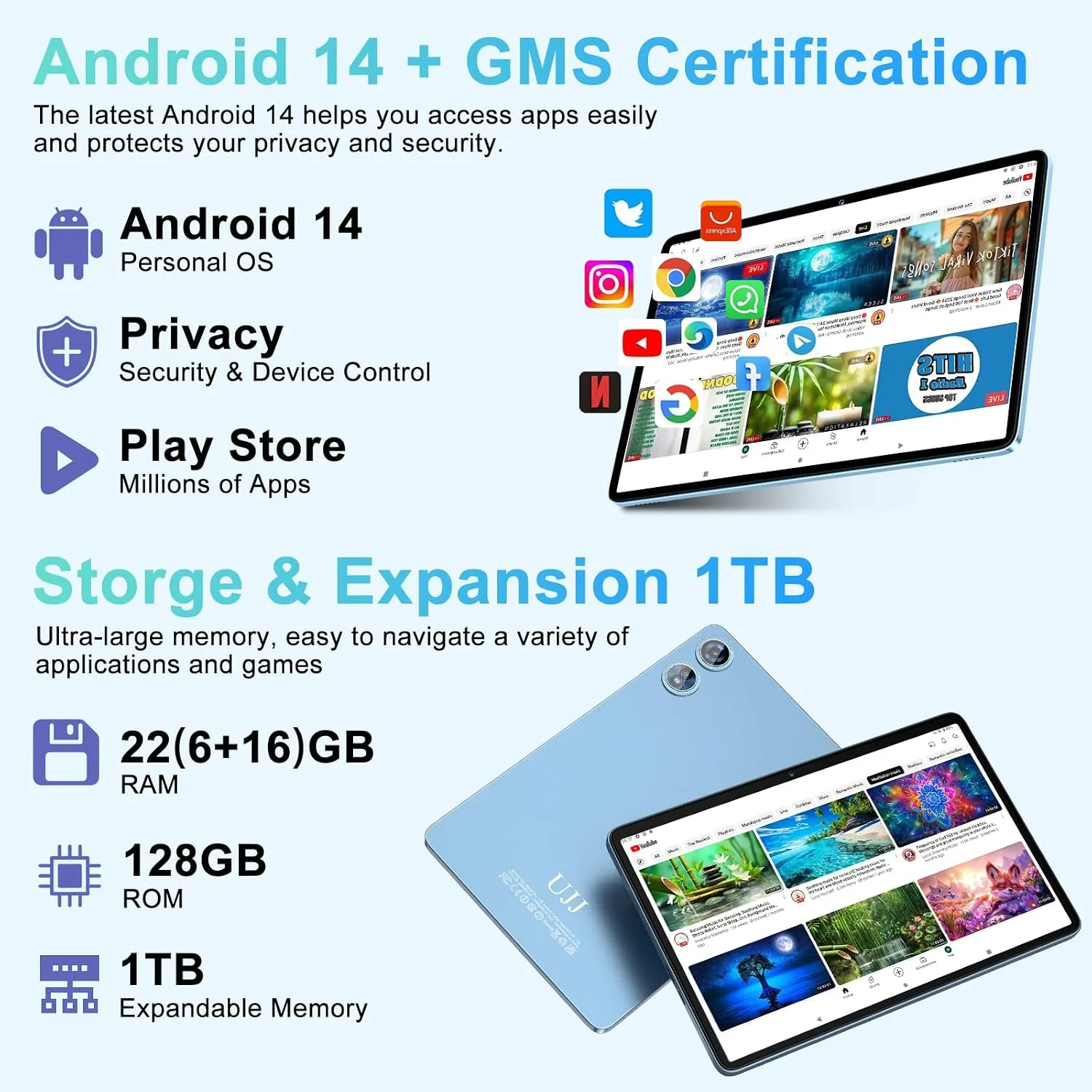 Android Tablet 10 Inch 22GB RAM 128GB ROM 1TB, Android 14 Tablet with Keyboard Mouse, Octa-Core, 8000mAh Battery, HD IPS Display, 5G WiFi, BT 5.0, GPS, Widevine L1, Split Screen - Metal Blue