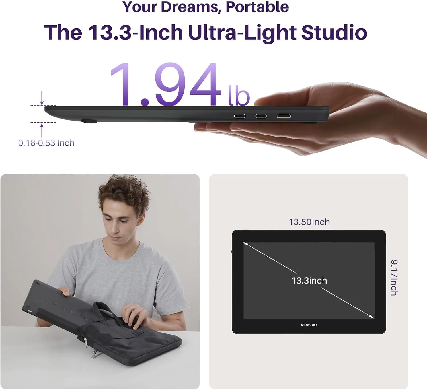 GAOMON PD1320 Drawing Tablet with Screen, Full-Laminated, 120% sRGB, 13.3"