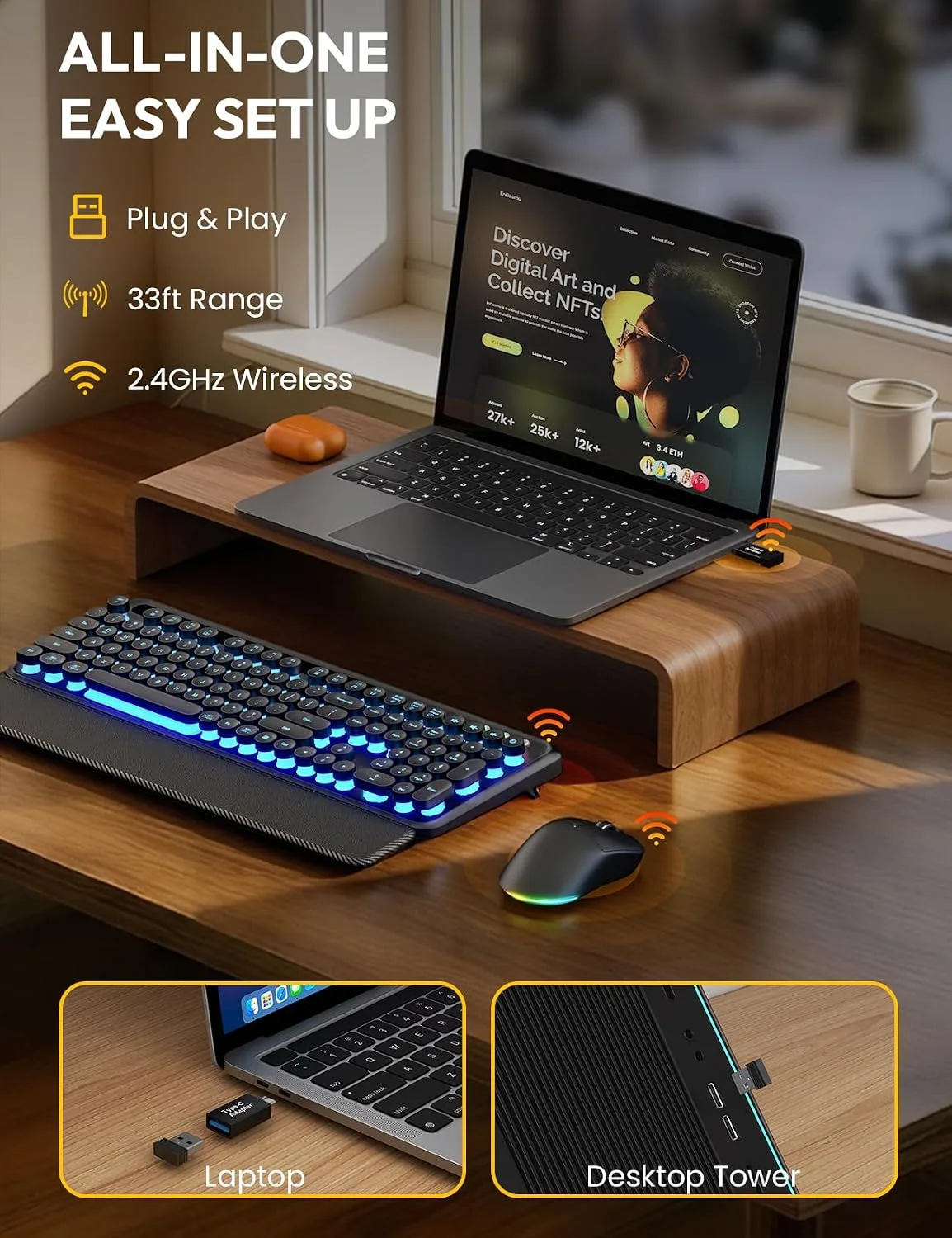 Wireless Keyboard and Mouse, Backlit Typewriter with Magnetic Wrist Rest