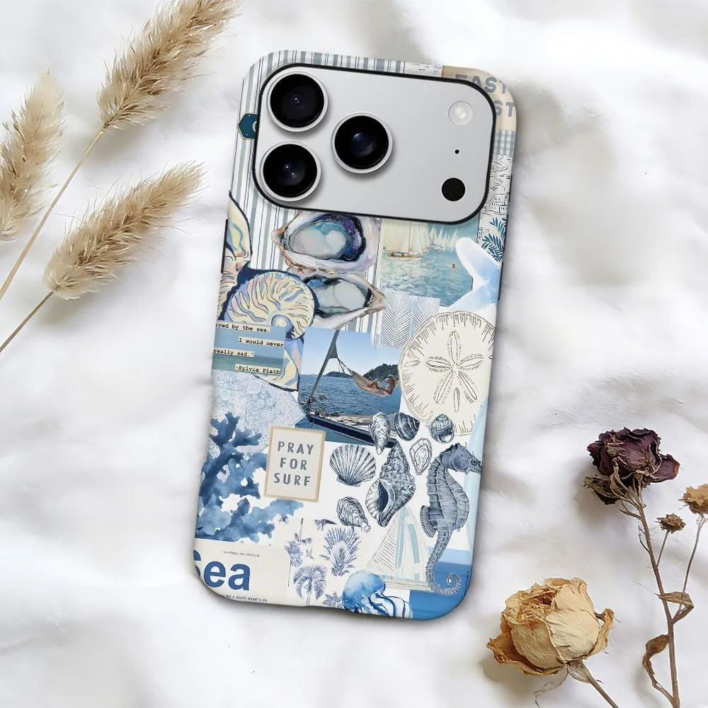Case Compatible with iPhone 18 Pro/iPhone 17 Pro,Fall Prevention Hybrid 2-Layer Hard Shell Phone Cover for Girls Boys,Seashell Ocean Blue Retro Collage