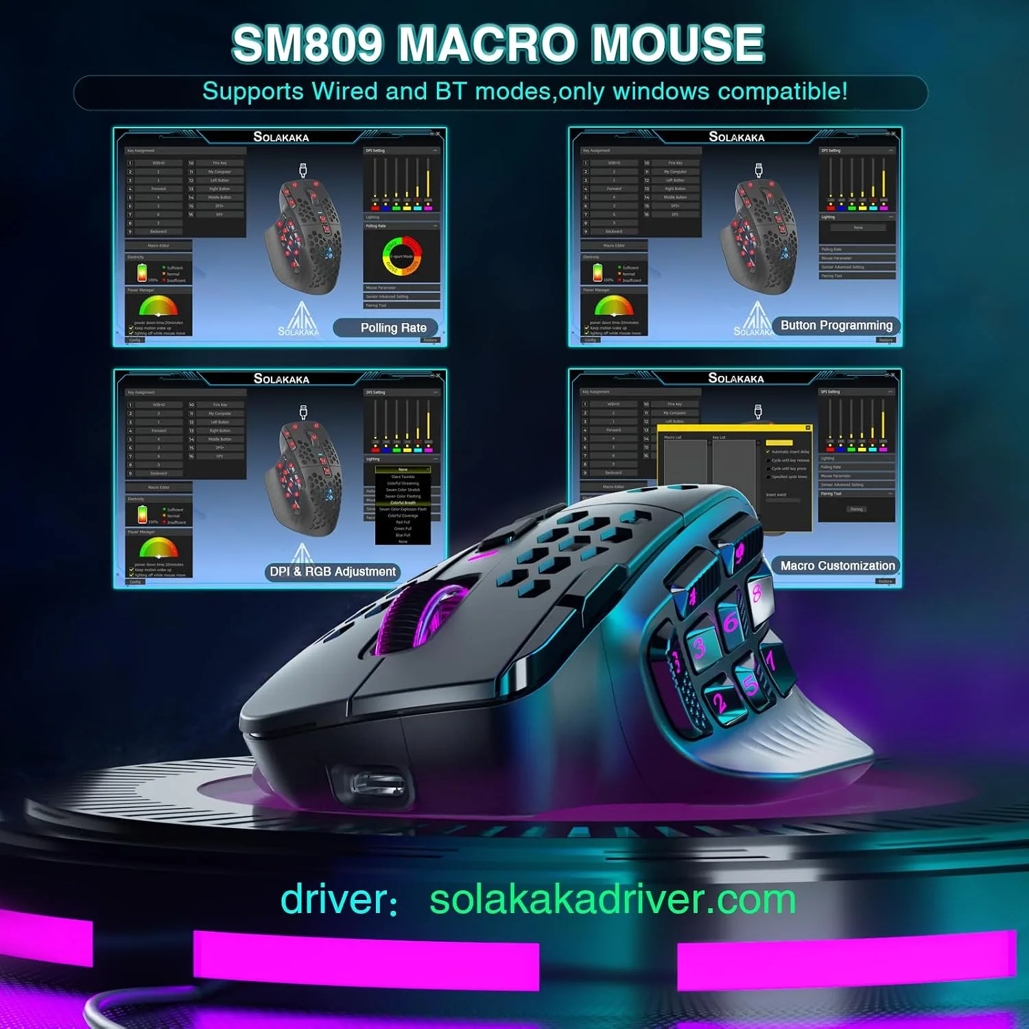 SOLAKAKA SM809 Pro Gaming Mouse with 9 Side Buttons,24000 DPI RGB Mouse for Gamer,16 Programmable Macros MMO Mouse,Black
