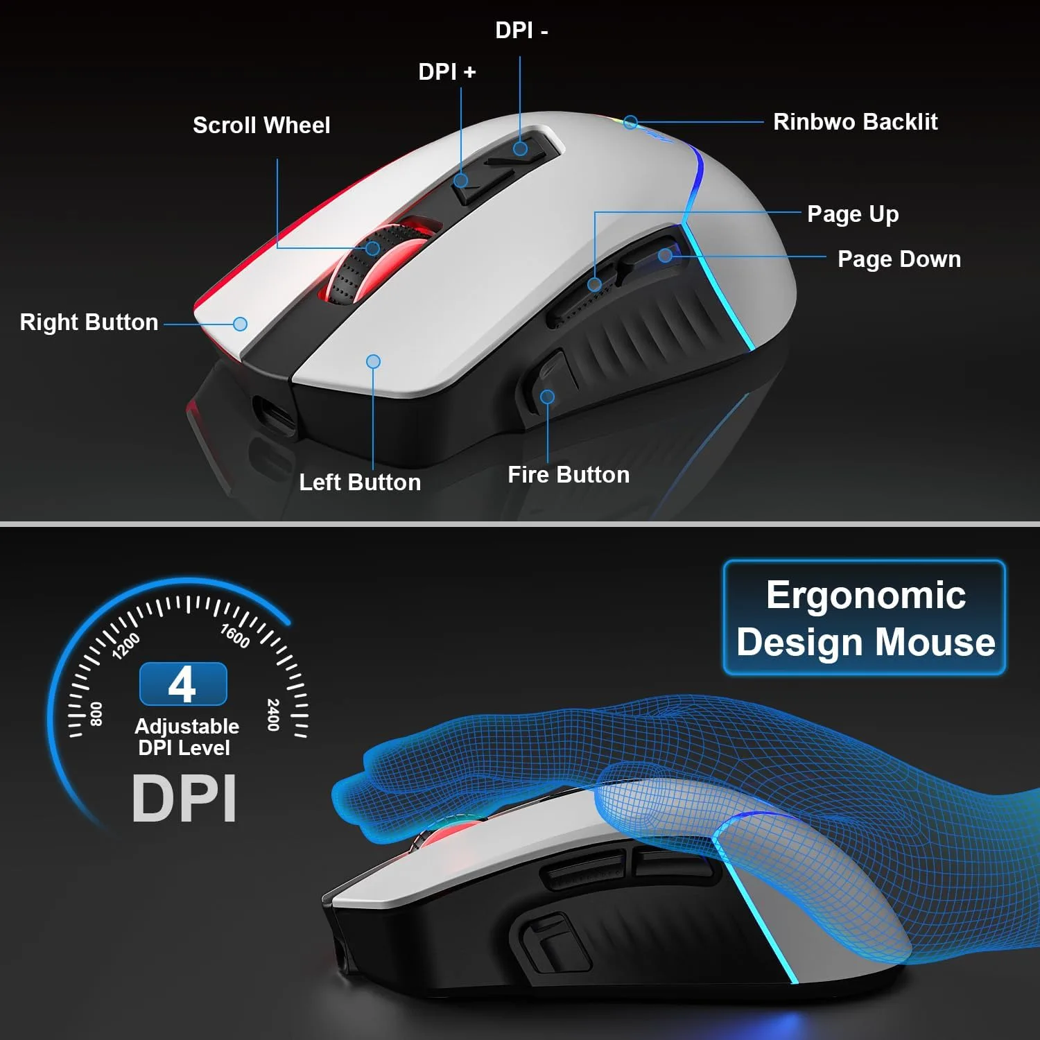 BlueFinger Wireless Gaming Keyboard and Mouse Combo, RGB Rainbow Backlit Rechargeable Battery, 87 Keys TKL Light Up Keyboard with Ergonomic Gaming Mouse for Mac Laptop Computer PC Gamer(White & Black)