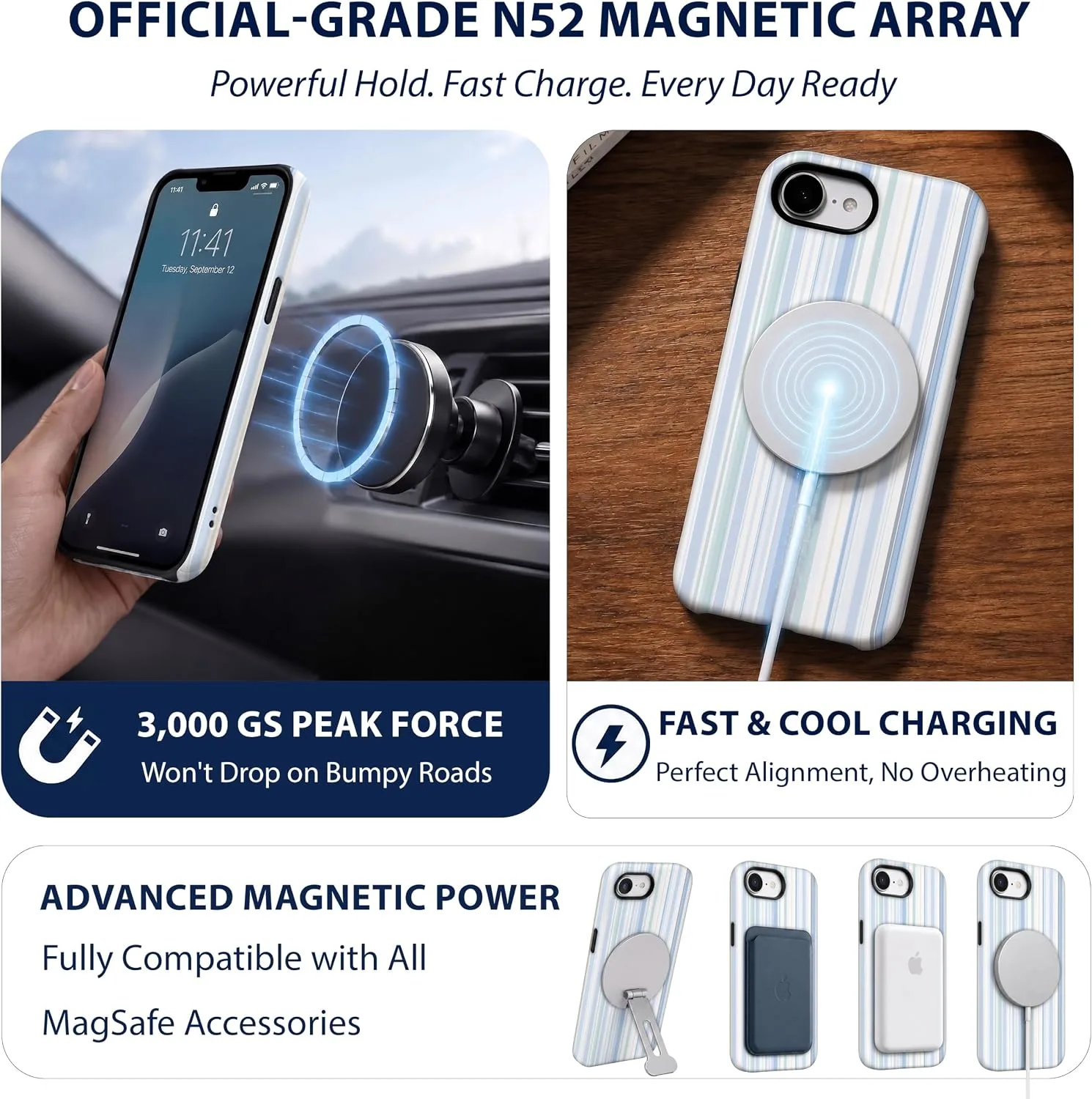 Magnetic for iPhone 16e/17e Phone Case, Cute Pastel Blue Striped