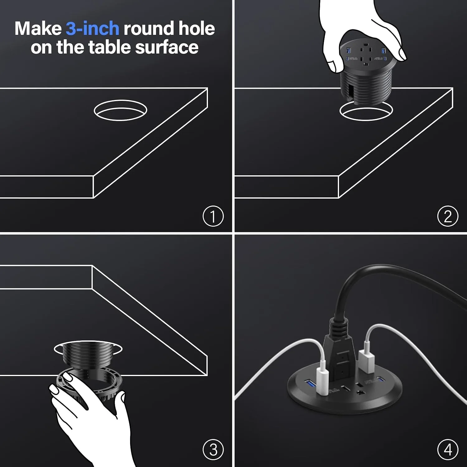 Recessed Power Grommet 65W USB-C,2 Outlets,Flush-Mount,Black
