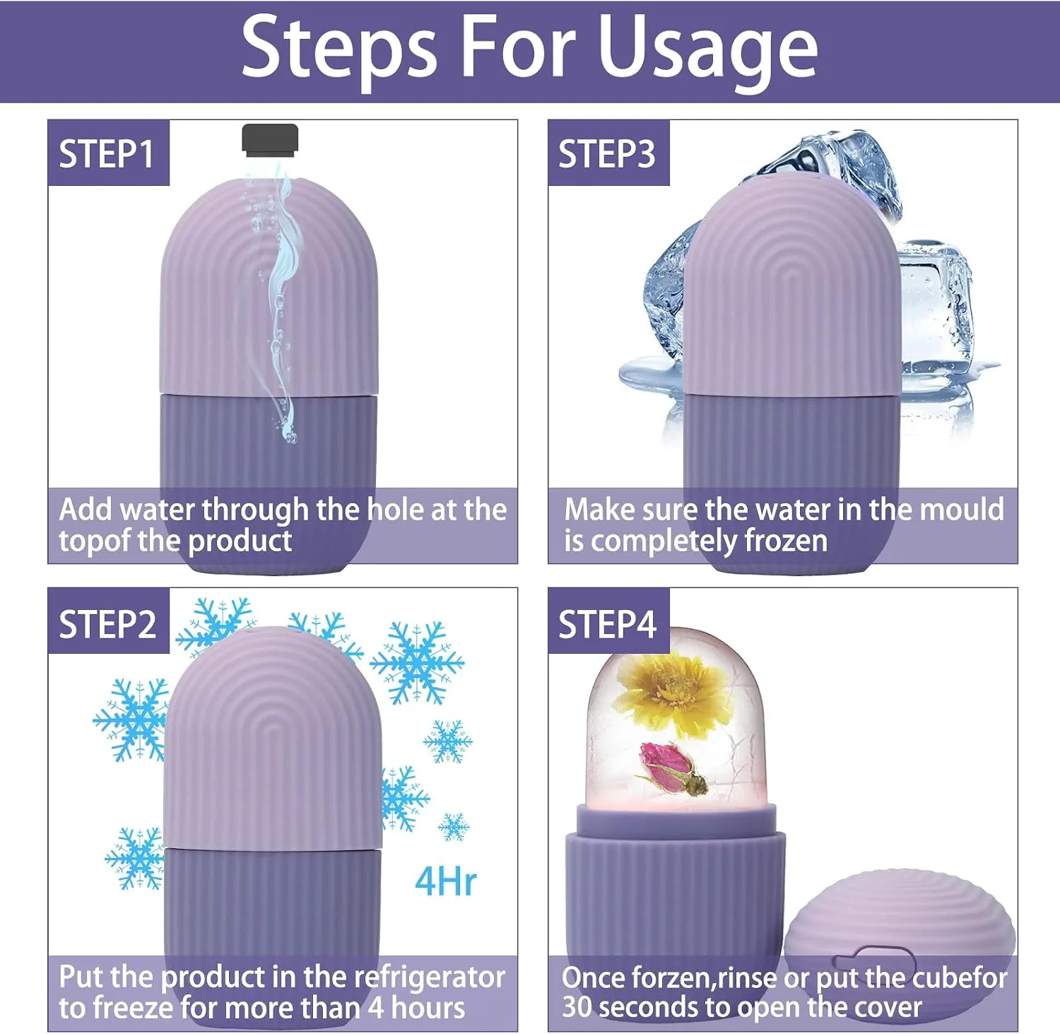 XHJRI Ice Face Roller Massager,Ice Cube Roller for Face, Eyes and Neck Naturally Conditioning and Skin Care,De-Puff Eye Bags,Reduce Migraine Pain,Reusable Massage Silicone Ice Mold (Purple)