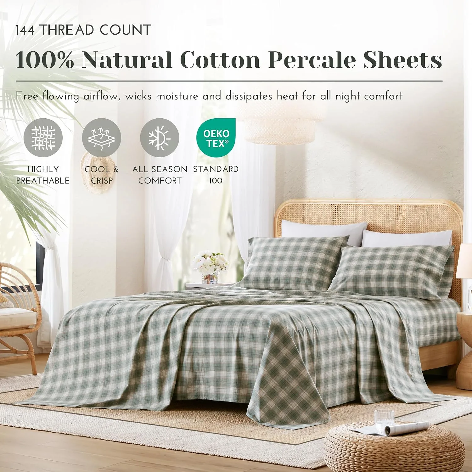 Comfort Spaces 100% Cotton Percale Sheets Queen Size 4 Piece, Wesley Green