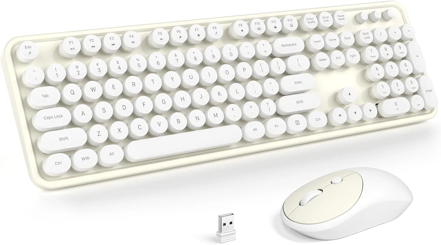 MOFII Wireless Keyboard and Mouse Combo, Computer Full Size 2.4G Plug and Play Wireless Typewriter Retro Round Keyboard and Mouse Set for Windows, Computer, Desktop, PC, Notebook - (Off White)