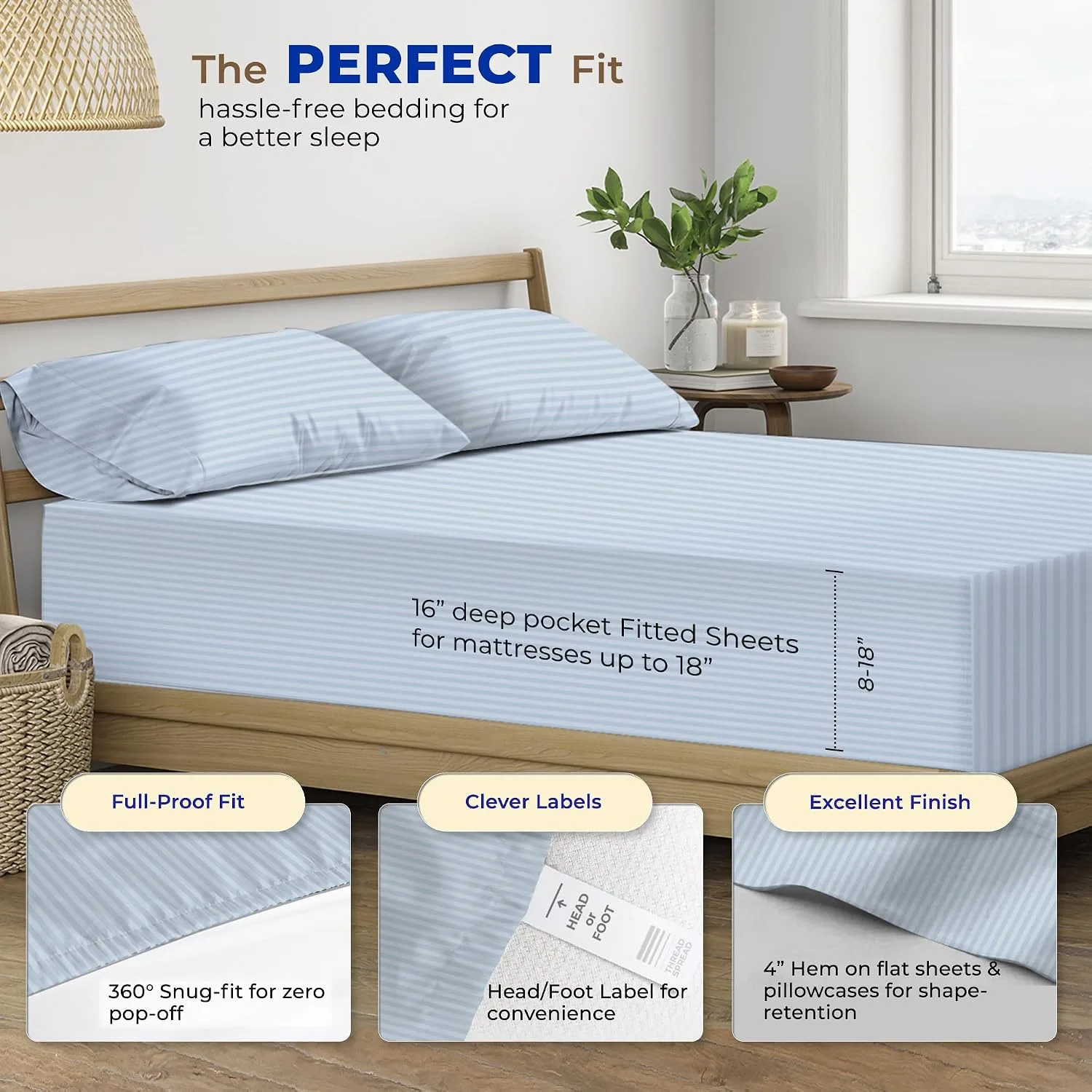 THREAD SPREAD Egyptian Cotton Sheets King Size - Luxury 600 Series King Size Sheets Set (4 PC, Navy Blue - Stripe), 16" Deep Pocket All Around Elastic, Soft, Sateen, Durable Hotel Bed Sheet Sets